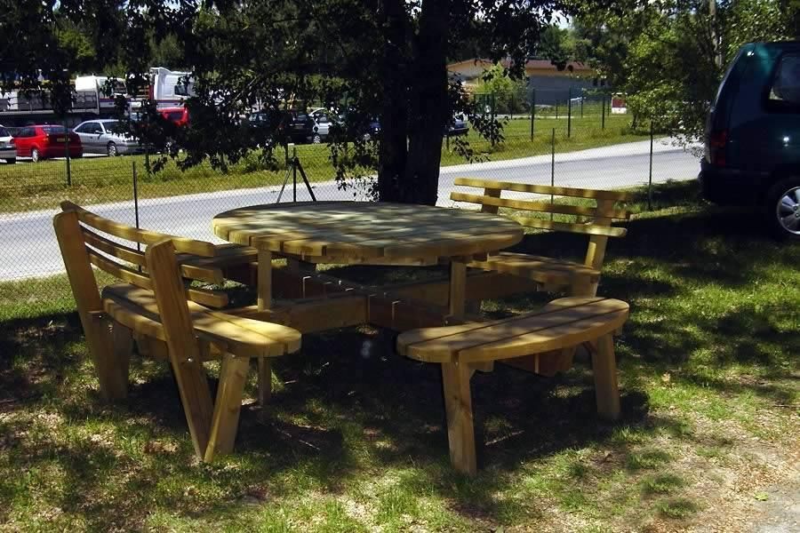 Table de pique-nique en bois et bancs sous un arbre dans un parc herbeux au bord d'une route et d'une voiture garée