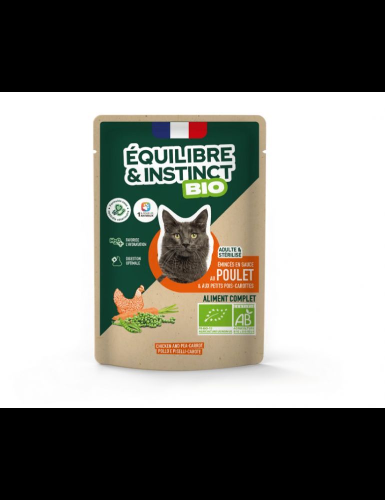 Émincés en sauce BIO au poulet et aux petits pois carottes pour chat adulte 85 g - Équilibre & Instinct