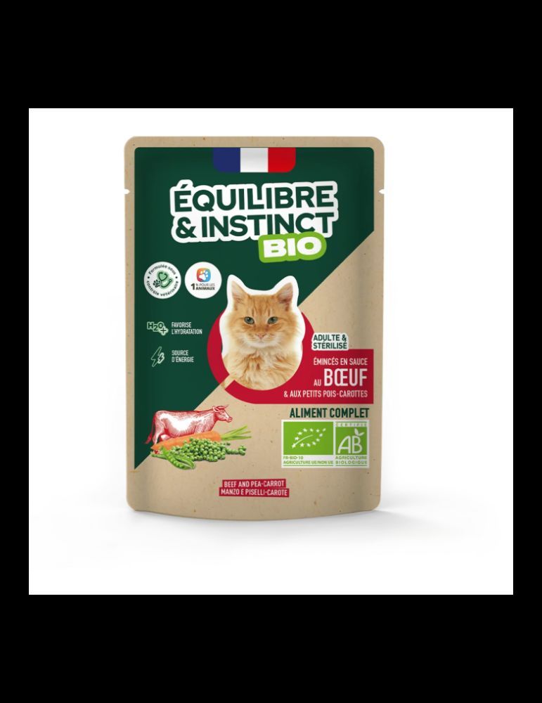 Émincés en sauce BIO au bœuf et aux petits pois carottes pour chat adulte 85 g - Équilibre & Instinct