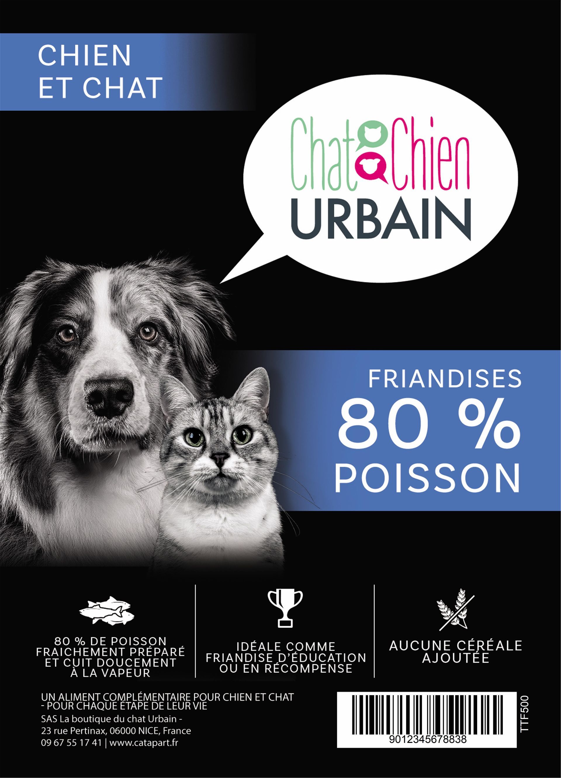 Friandises au poisson 80 % pour chien et chat 500 g – Le Chien Urbain — recto