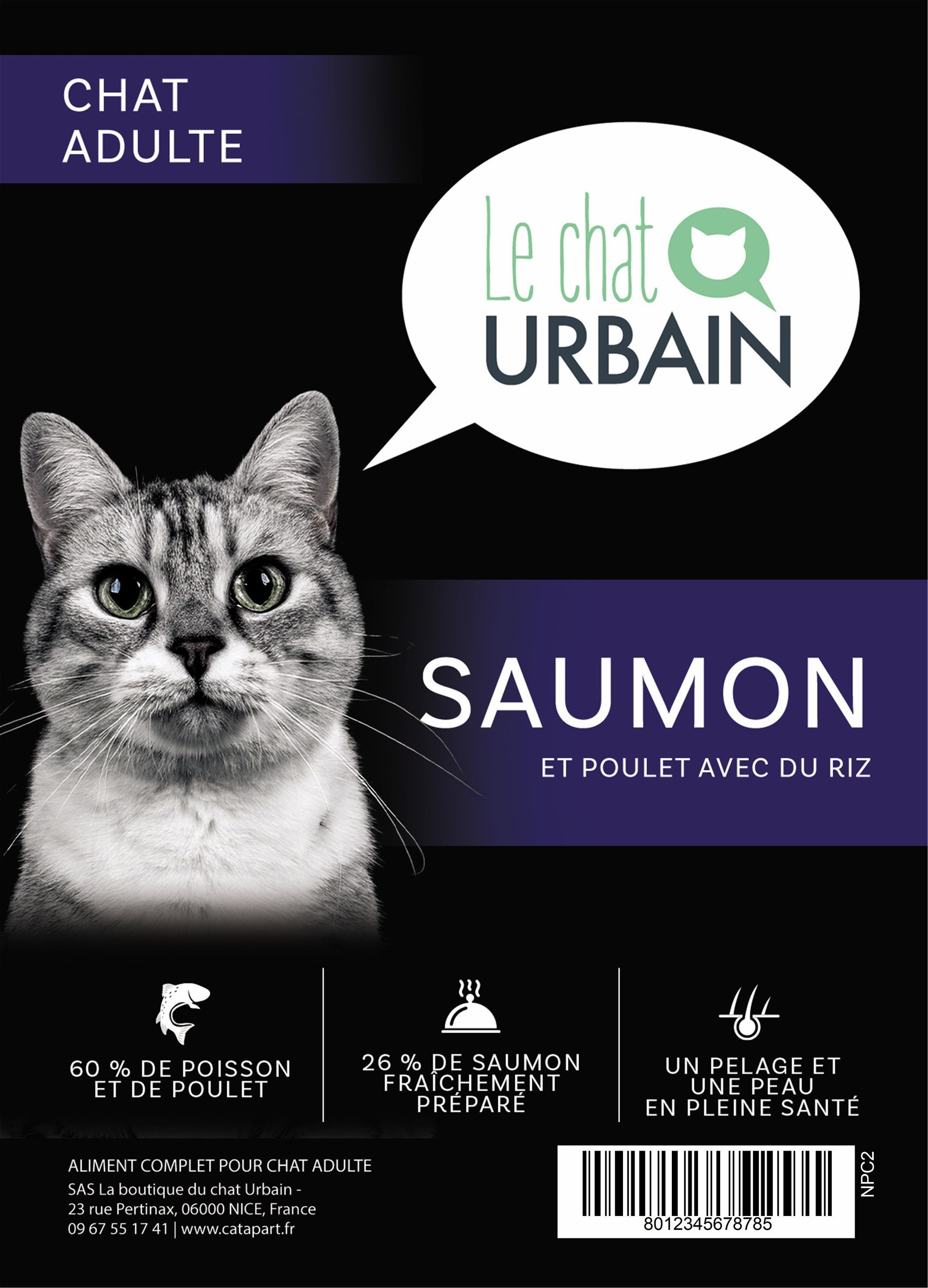 Croquettes pour chat adulte – Saumon, poulet et riz – Le Chat Urbain — étiquette recto