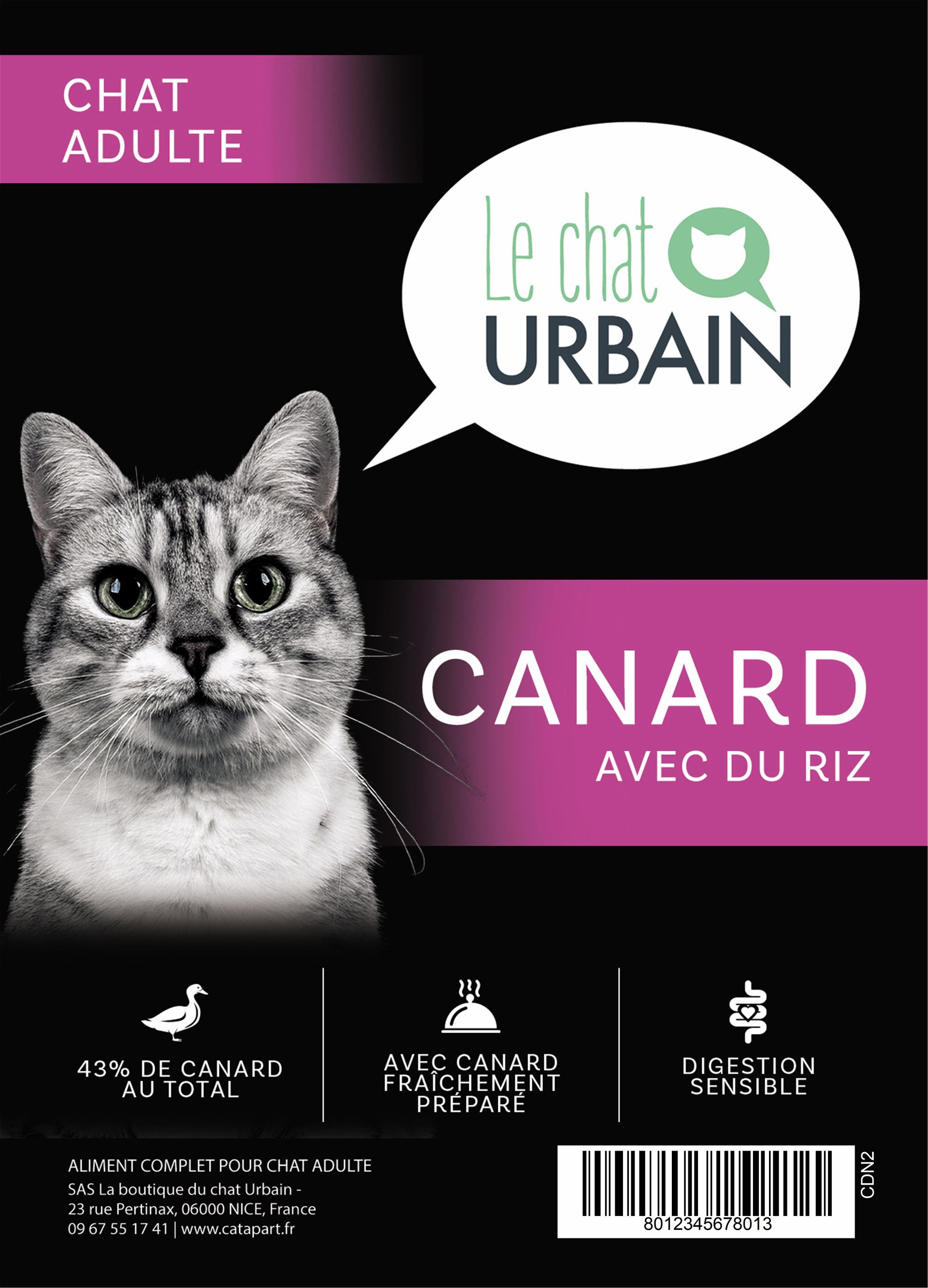Croquettes pour chat adulte – Canard et riz – Le Chat Urbain — étiquette recto