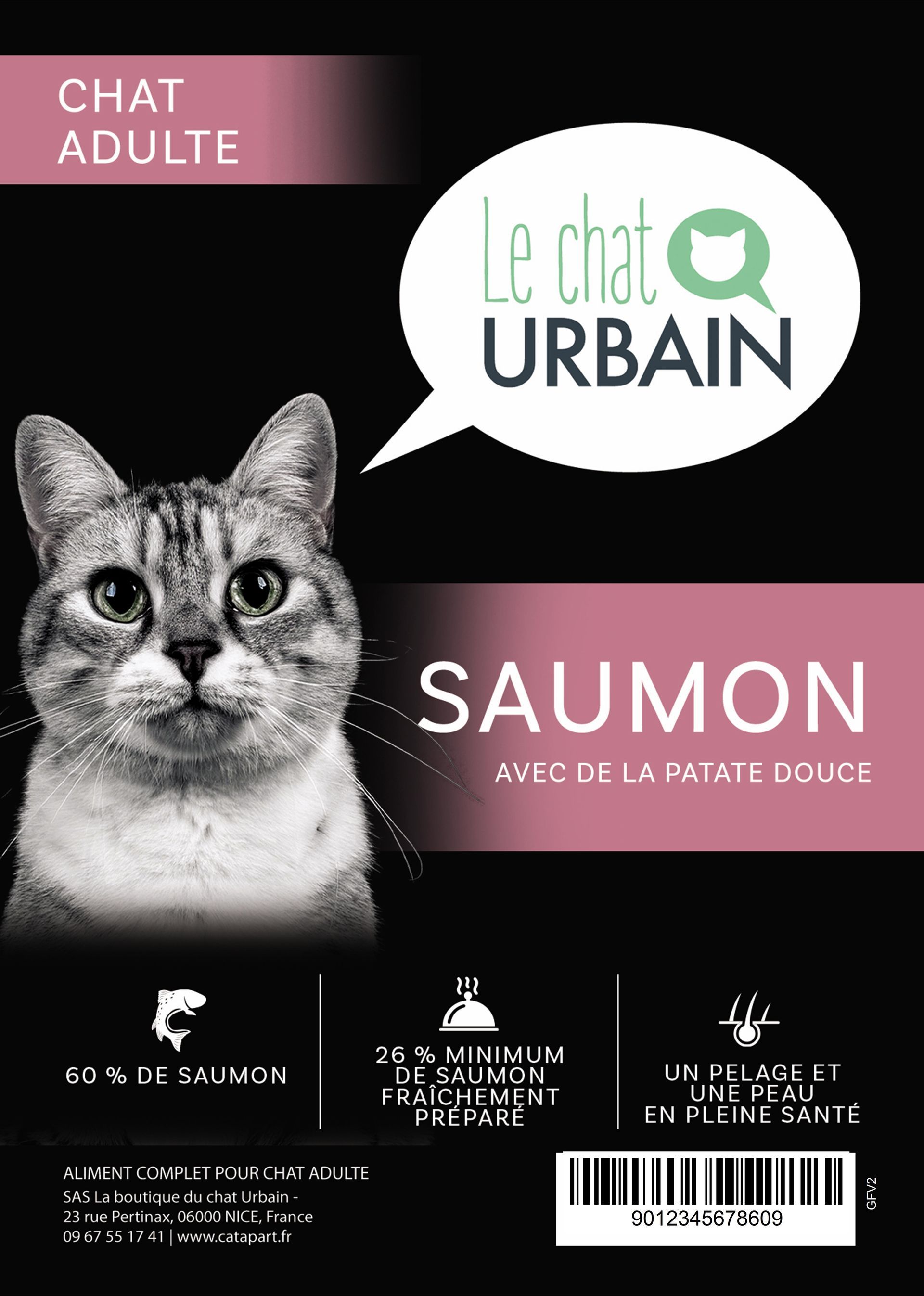 Croquettes sans céréales pour chat adulte – Saumon – Le Chat Urbain — recto