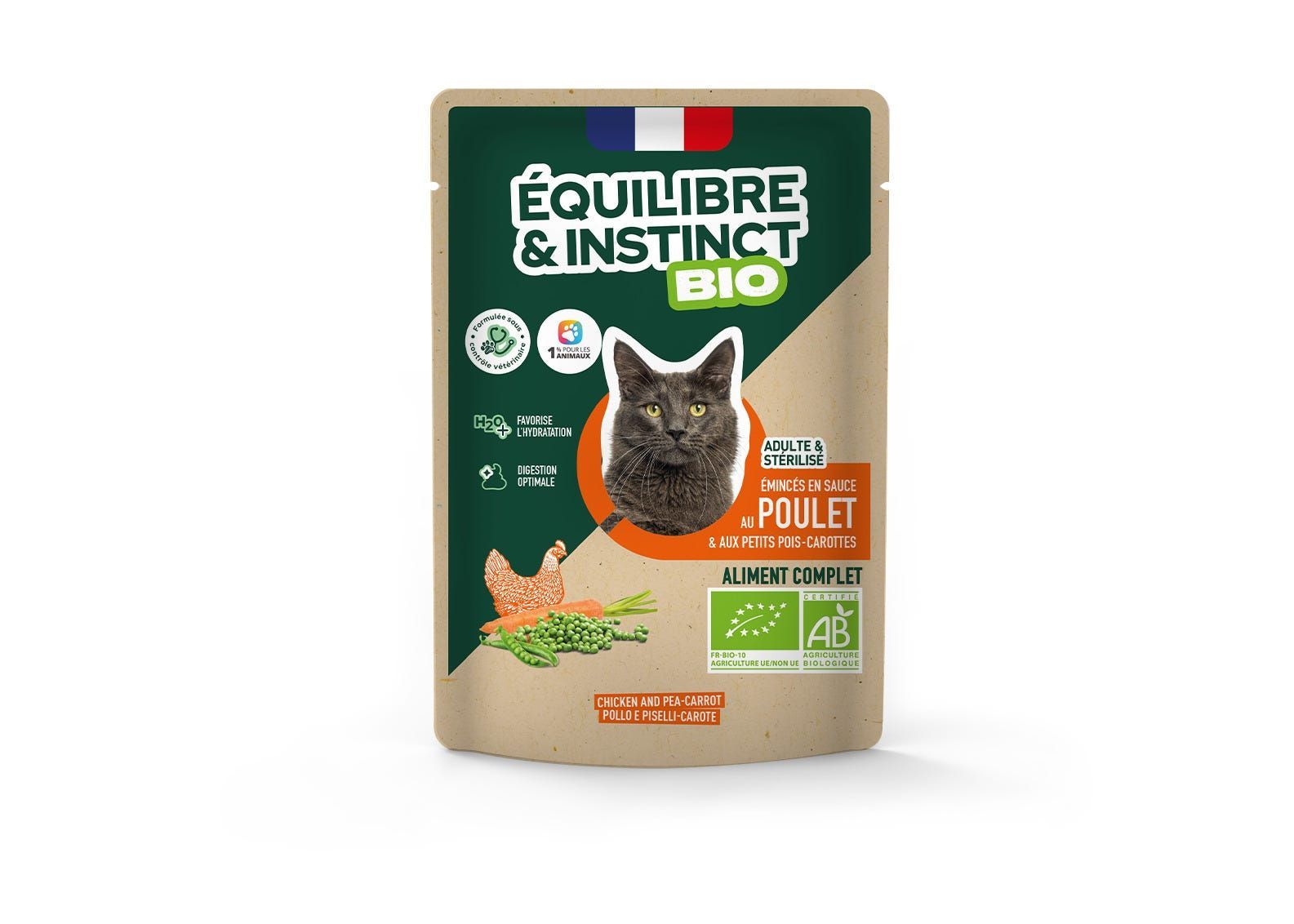 Émincés en sauce BIO au poulet et aux petits pois carottes (Chat adulte) Équilibre & Instinct, carton de 12 sachets de 85 g