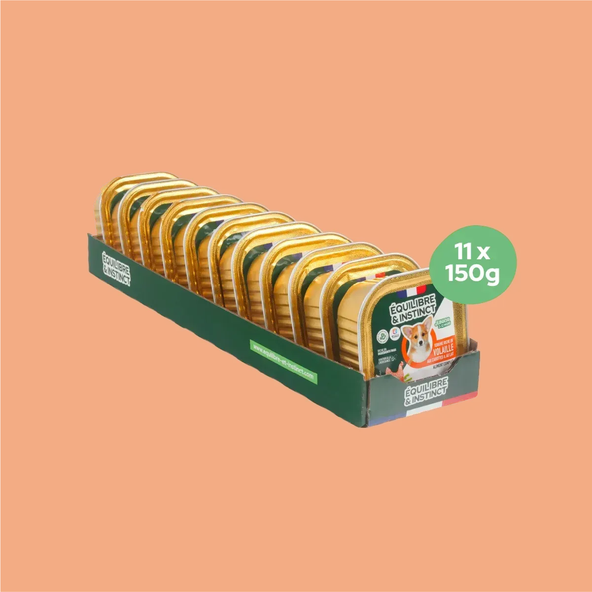 Pâtées riches en volaille & aux carottes - Petite taille (Chiot) Équilibre & Instinct, carton de 11 barquettes de 150 g
