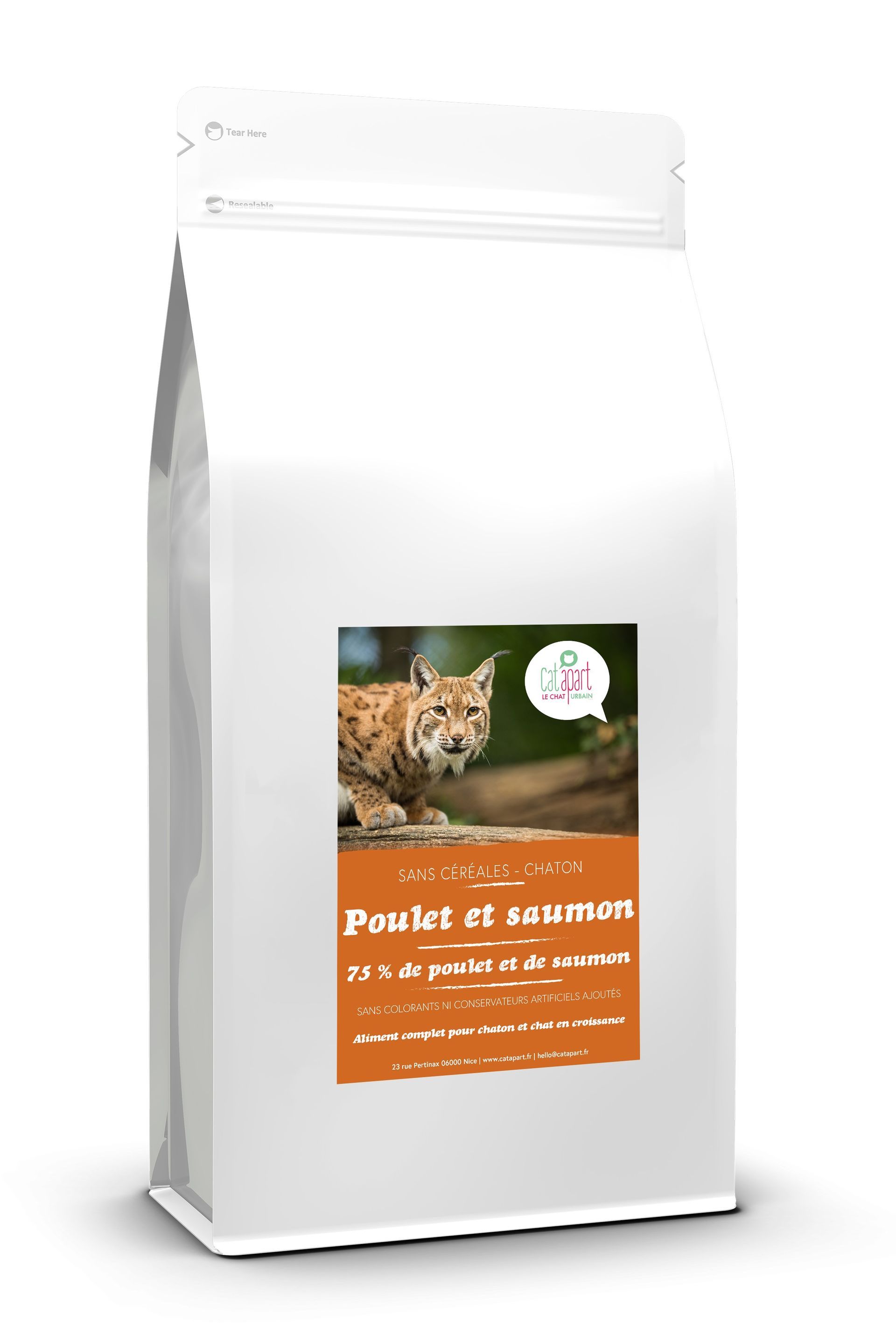 Croquettes sans céréales pour chaton – Poulet et saumon – Le Chat Urbain
