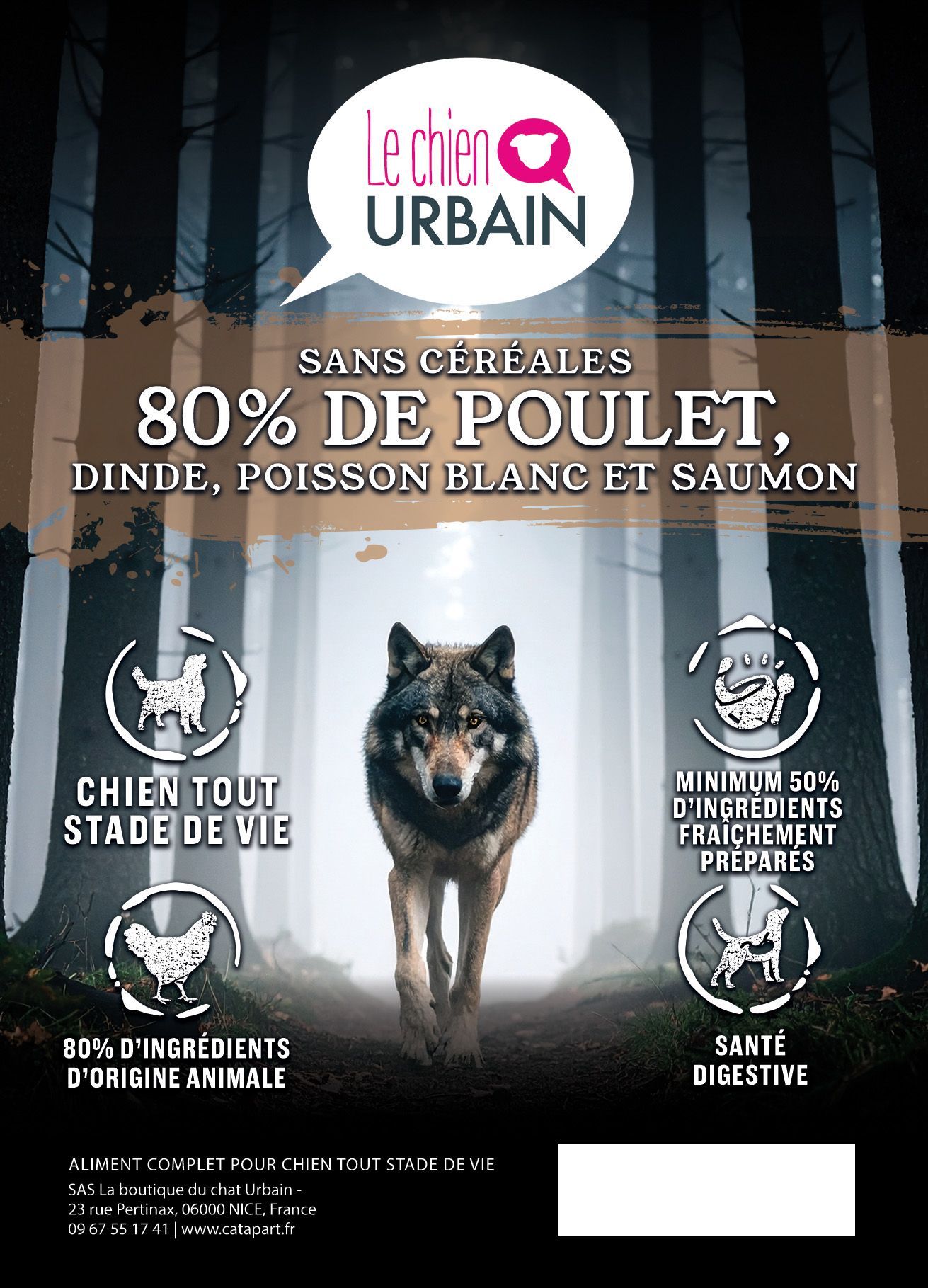 Croquettes 80/20 poulet, dinde et poissons – Le Chien Urbain — étiquette recto