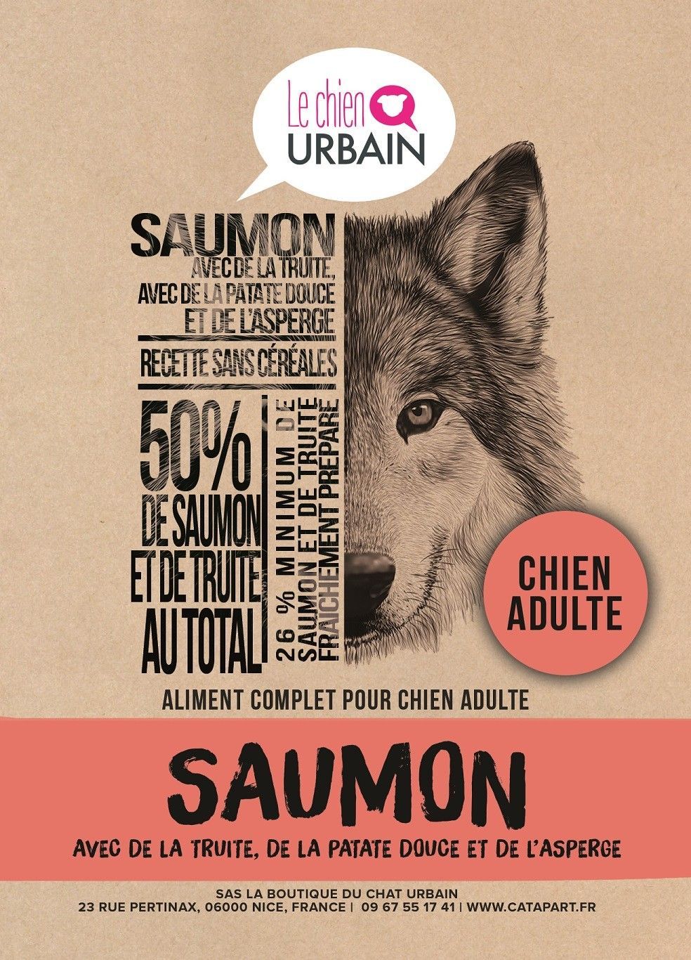 Croquettes sans céréales pour chien adulte – Saumon, truite, patate douce et asperge – Le Chien Urbain