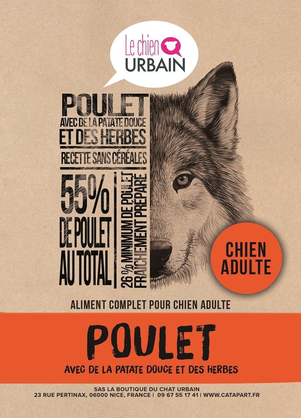 Croquettes sans céréales pour chien adulte – Poulet, patate douce et herbes – Le Chien Urbain