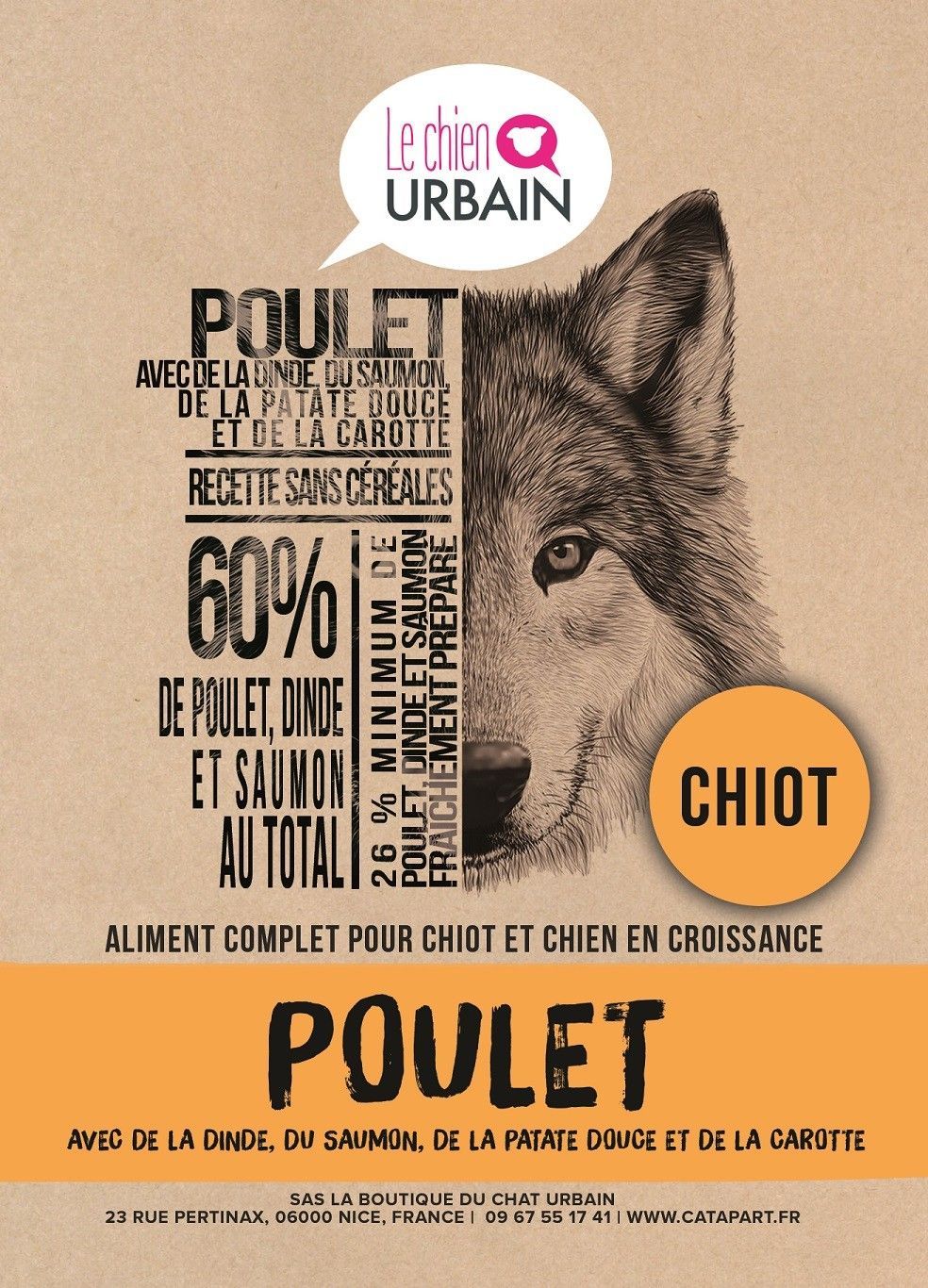Croquettes sans céréales pour chiot – Poulet, dinde, saumon et patate douce – Le Chien Urbain