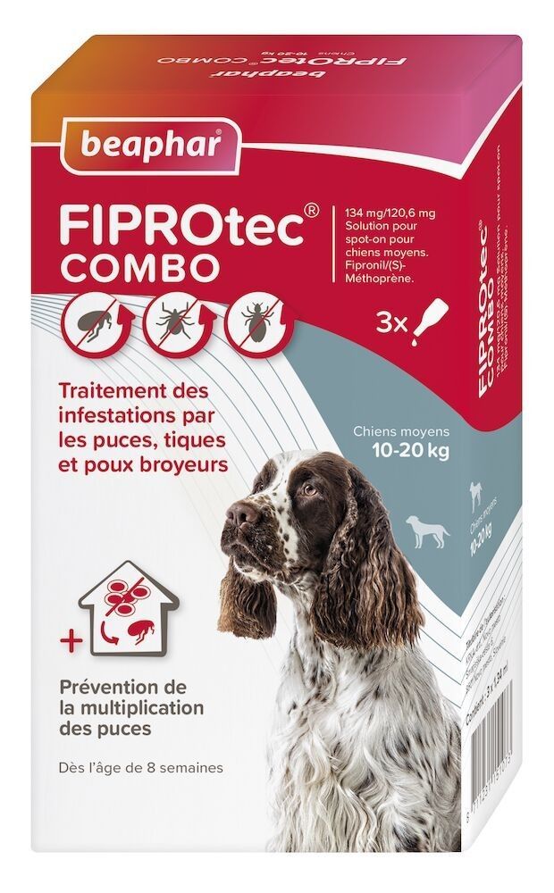 Pipettes Anti-tiques et puces Fiprotec Combo pour Chien Moyen x3 - BEAPHAR