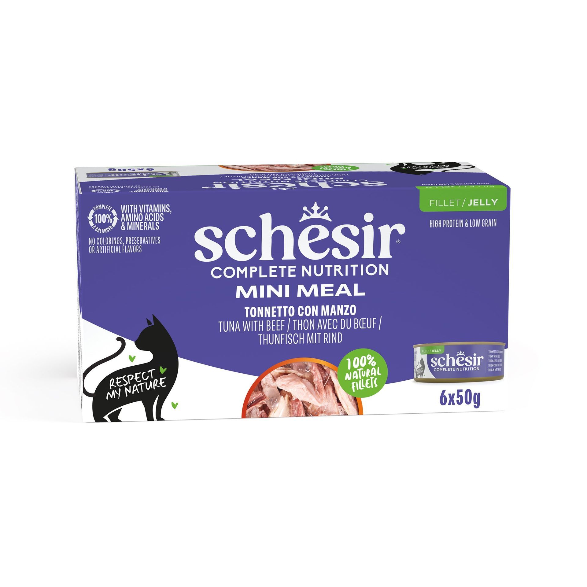Multipack Schesir au thon et au bœuf en gelée pour chat adulte, 6 boîtes de 50 g