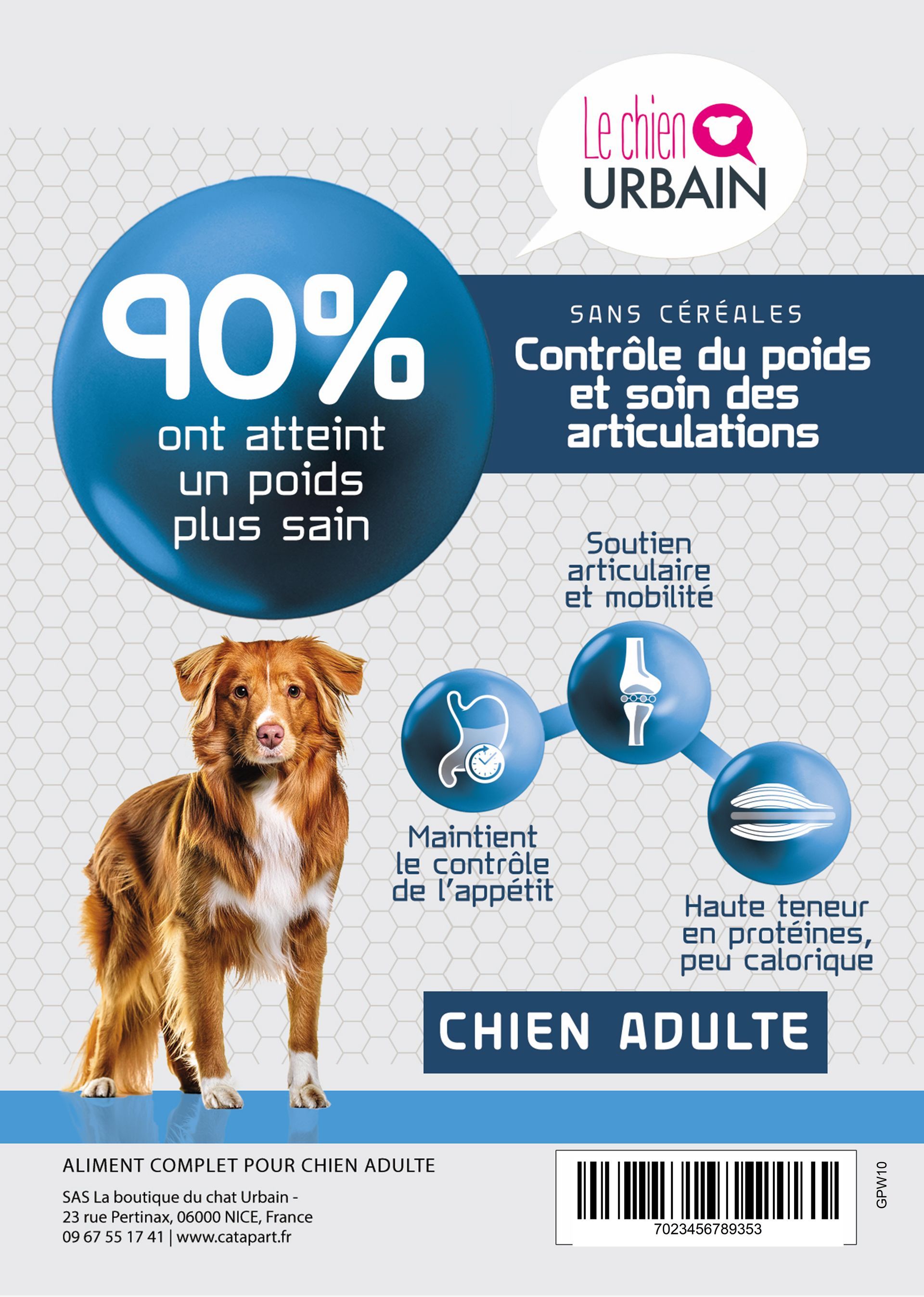 Croquettes sans céréales pour chien - Contrôle du poids et articulations - Le Chien Urbain — étiquette recto