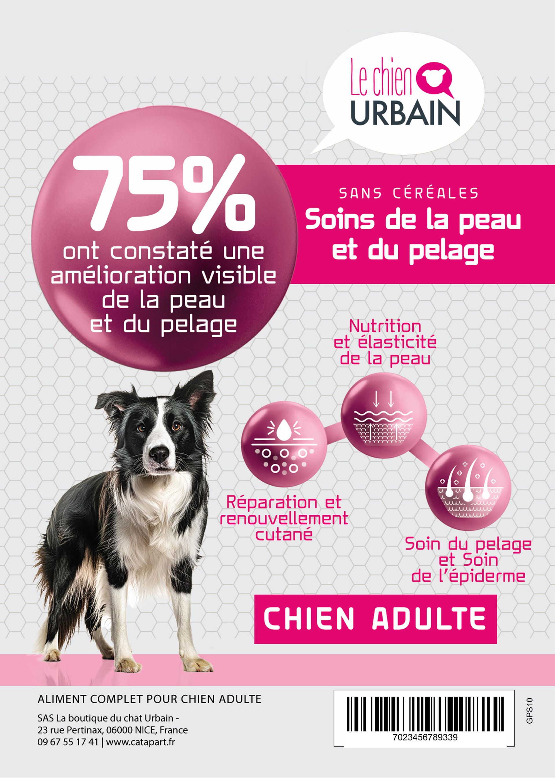 Croquettes sans céréales pour chien - Peau et pelage - Le Chien Urbain — étiquette recto