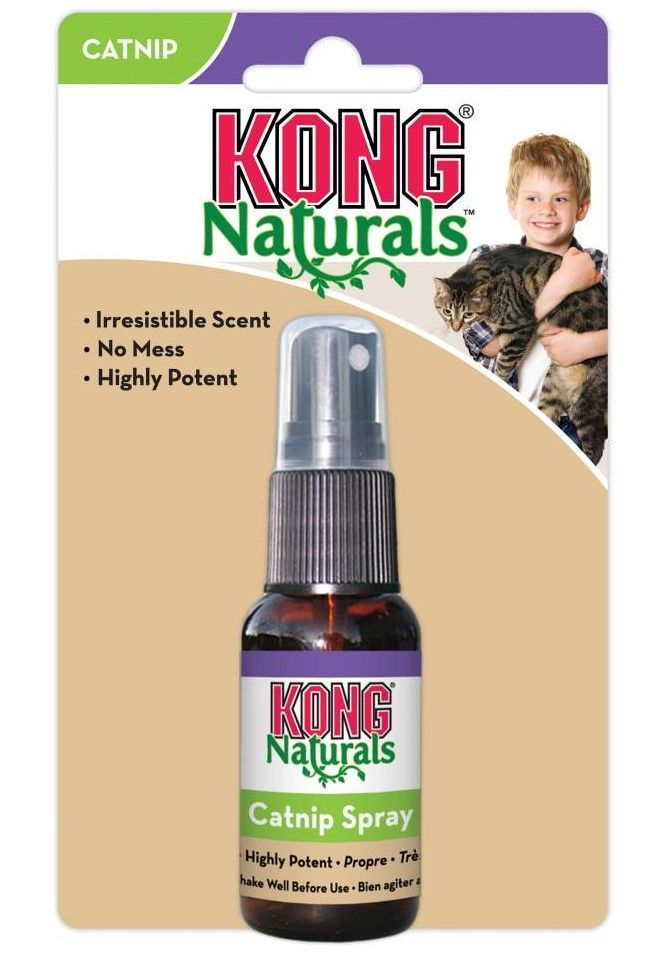 Flacon vaporisateur d'herbe à chat KONG Naturals dans un emballage violet et beige 