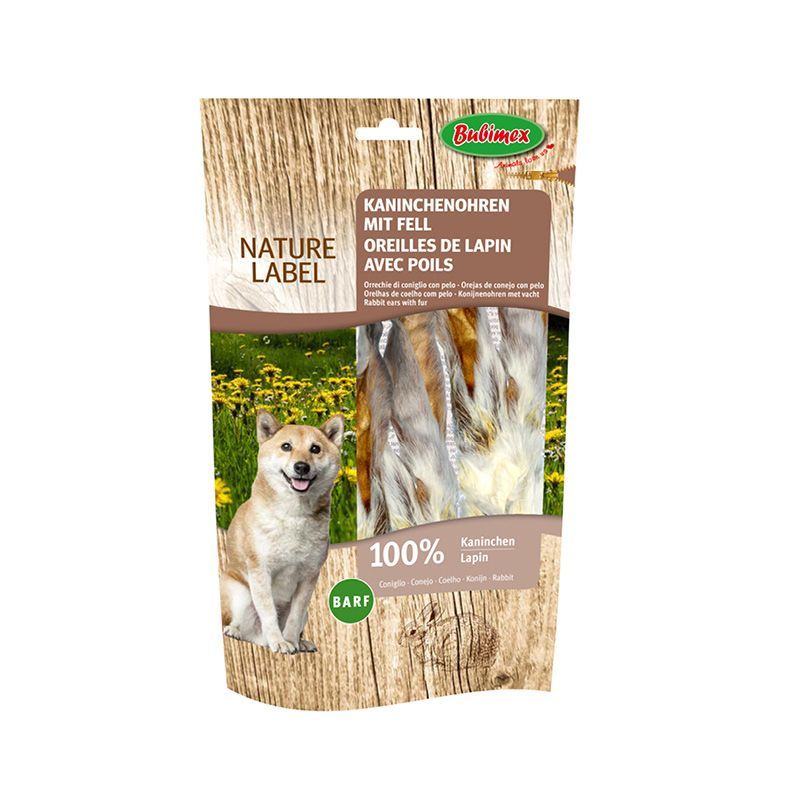 Friandises pour chien Oreilles de lapin avec poils - 7 pièces, 100 g - Bubimex