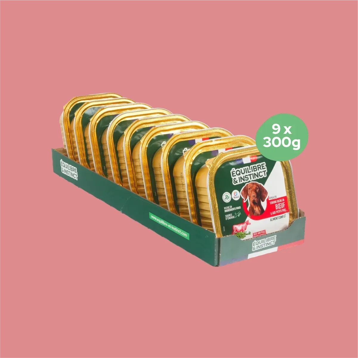 Pâtées riches en bœuf & aux petits pois (Chien adulte) Équilibre & Instinct, carton de 9 barquettes de 300 g