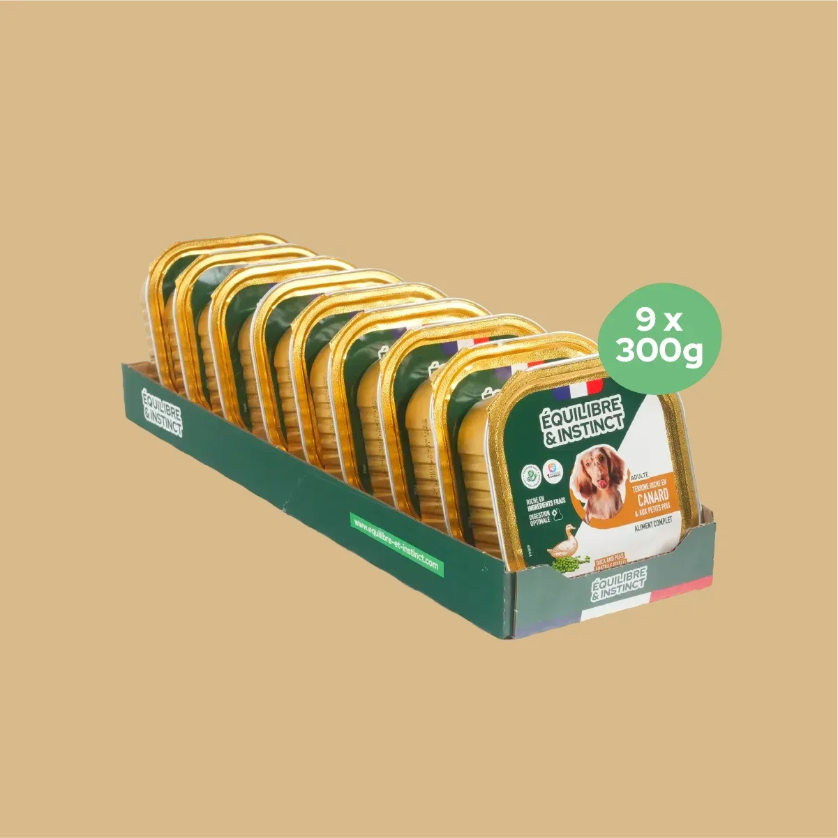 Pâtées riches en canard & aux petits pois (Chien adulte) Équilibre & Instinct, carton de 9 barquettes de 300 g
