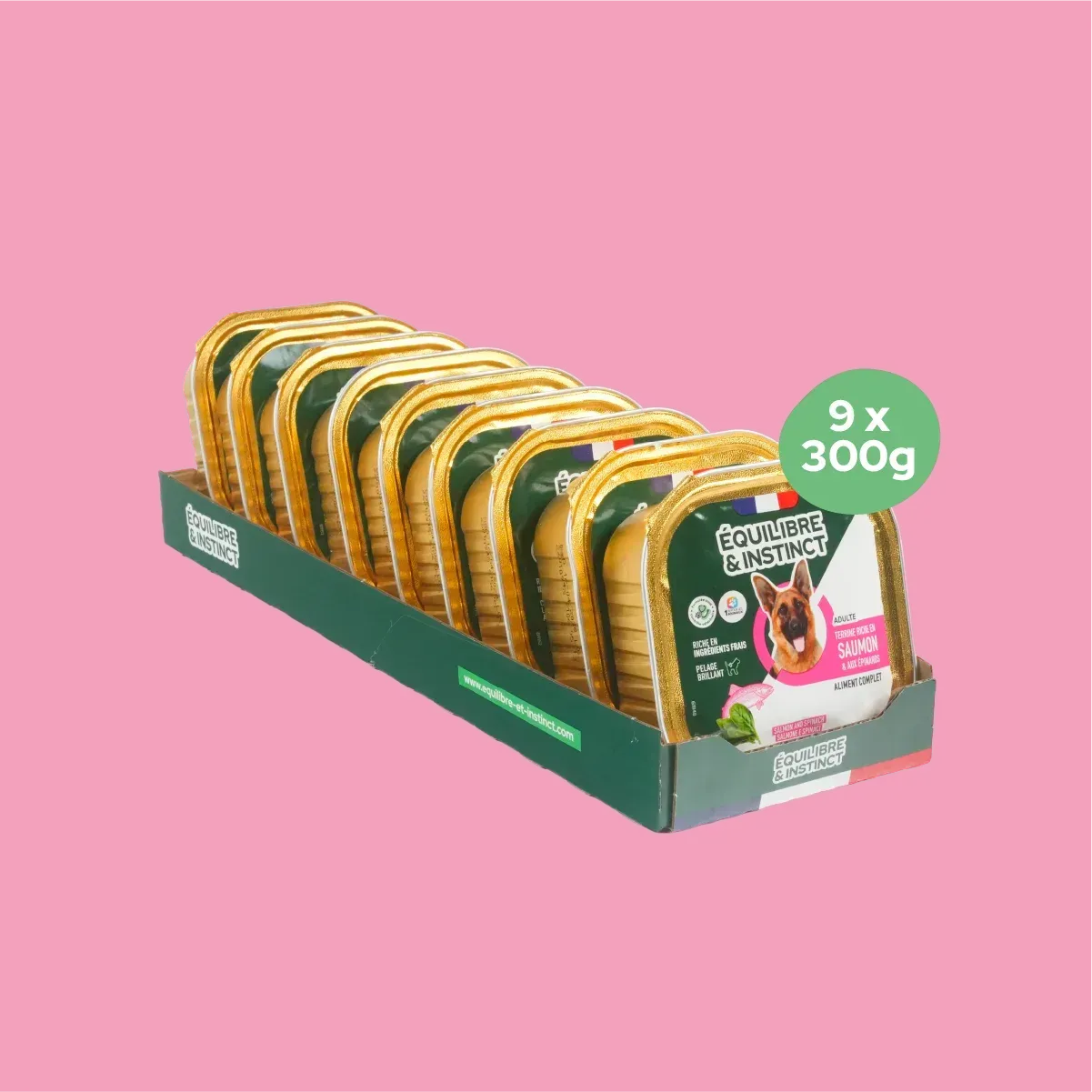 Pâtées riches en saumon & aux épinards (Chien adulte) Équilibre & Instinct, carton de 9 barquettes de 300 g