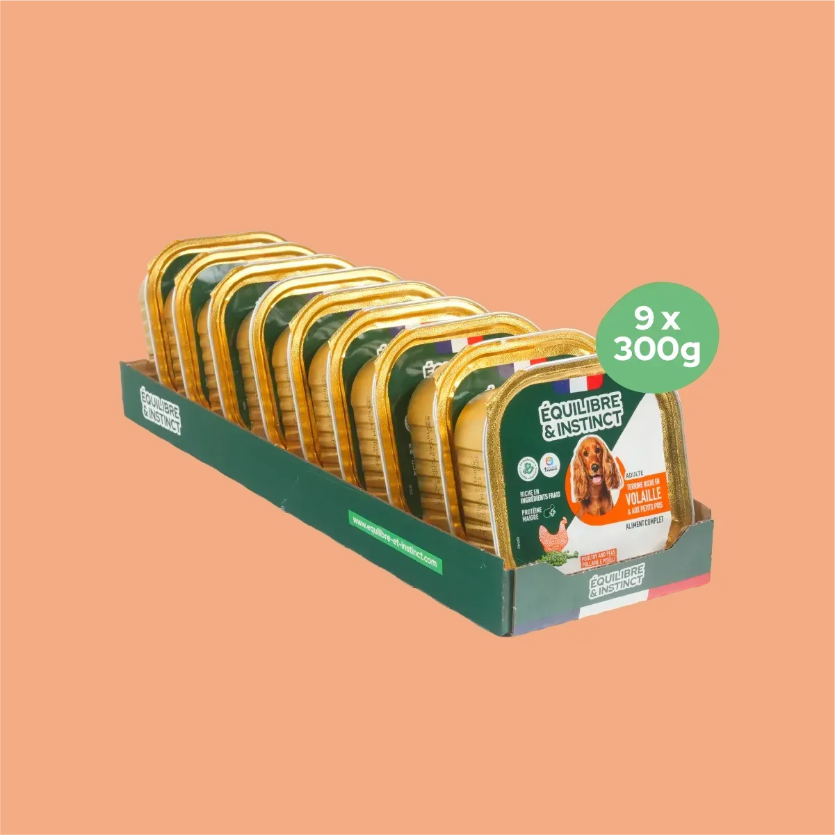 Pâtées riches en volaille & aux petits pois (Chien adulte) Équilibre & Instinct, carton de 9 barquettes de 300 g