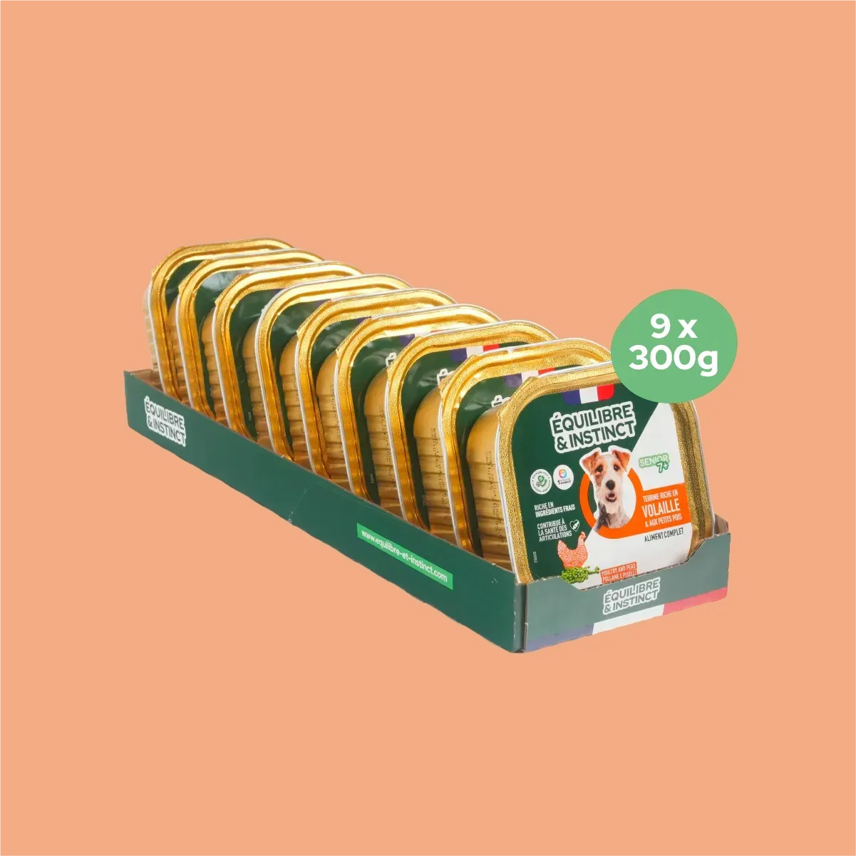 Pâtées riches en volaille & aux petits pois (Chien âgé) Équilibre & Instinct, carton de 9 barquettes de 300 g