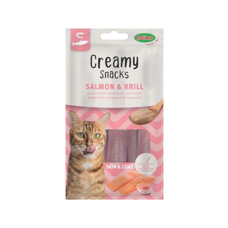 Friandises pour chat Creamy Snacks Skin & Coat saumon et krill - 4 x 15 g - Bubimex