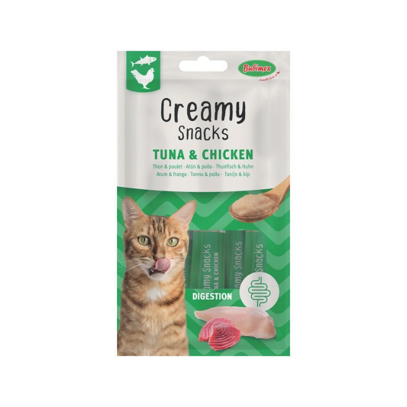 Friandises pour chat Creamy Snacks Digestion thon et poulet - 4 x 15 g - Bubimex