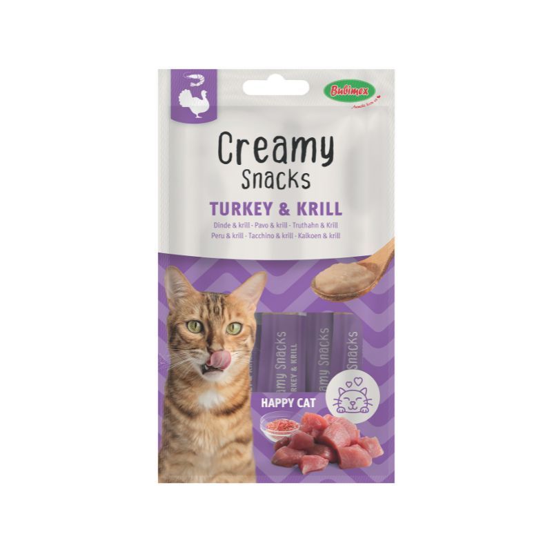 Friandises pour chat Creamy Snacks Happy Cat dinde et krill - 4 x 15 g - Bubimex
