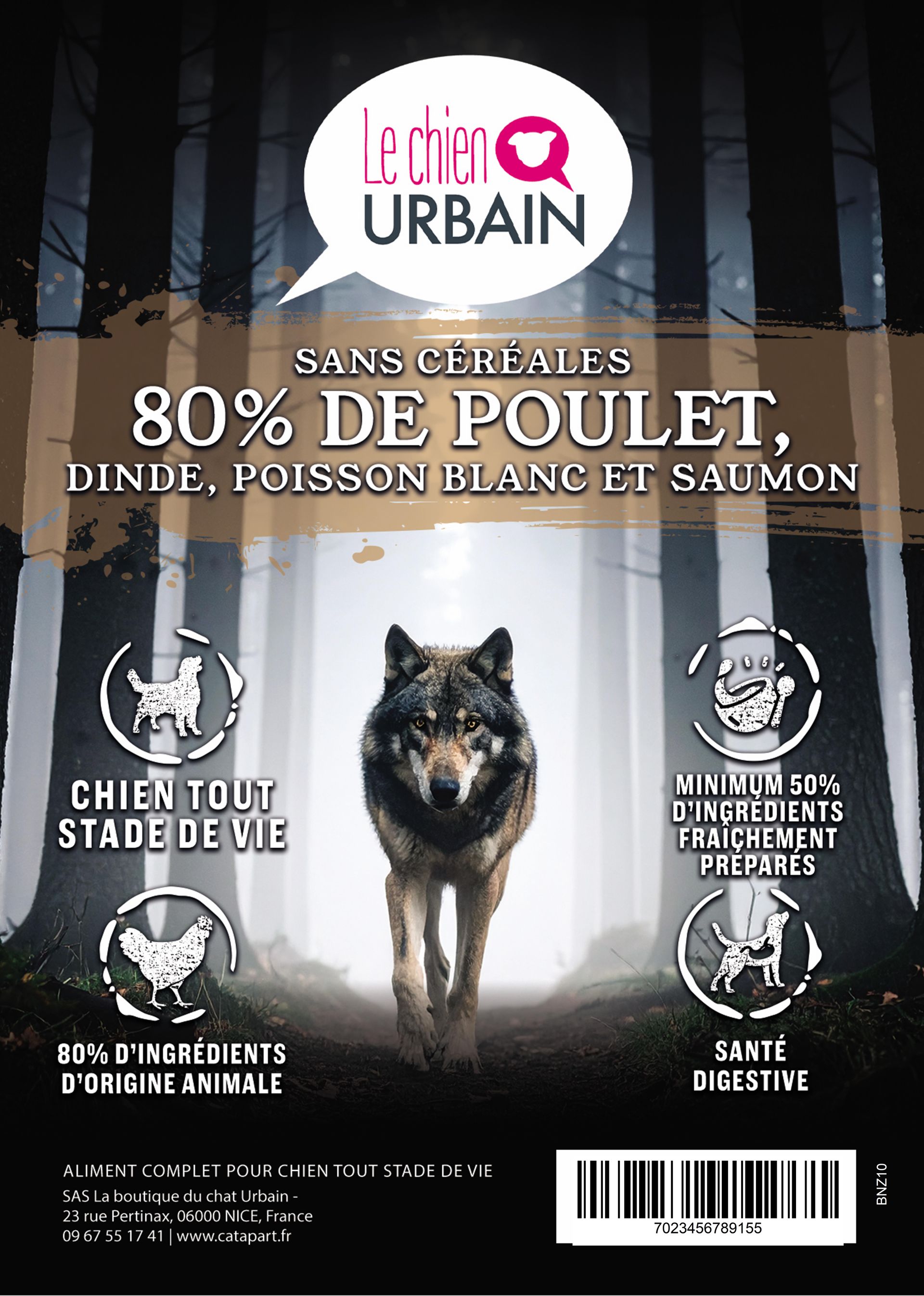 Croquettes 80/20 poulet, dinde et poissons – Le Chien Urbain — étiquette recto