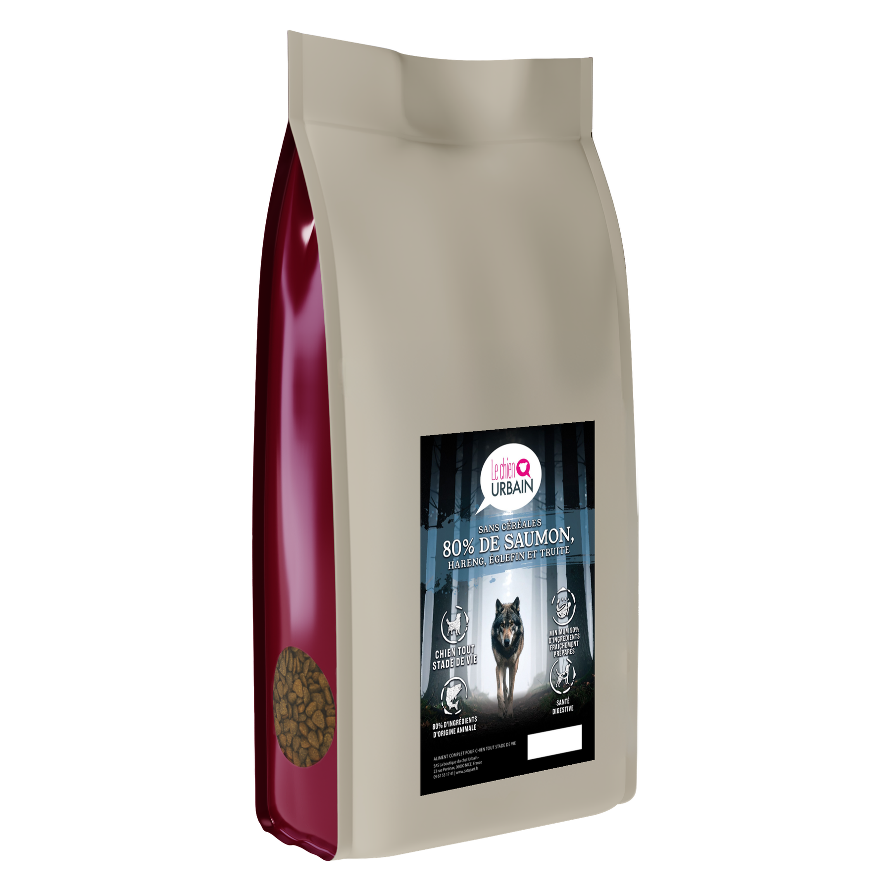 Croquettes 80/20 saumon et poissons – Le Chien Urbain — 2 kg — sac avec étiquette avant
