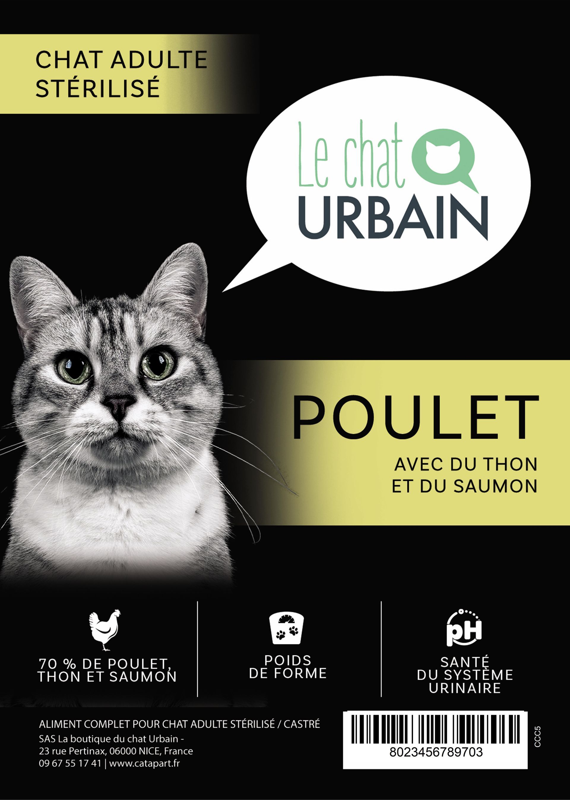 Croquettes sans céréales au poulet, thon et saumon 70 % pour chat stérilisé - Le Chat Urbain