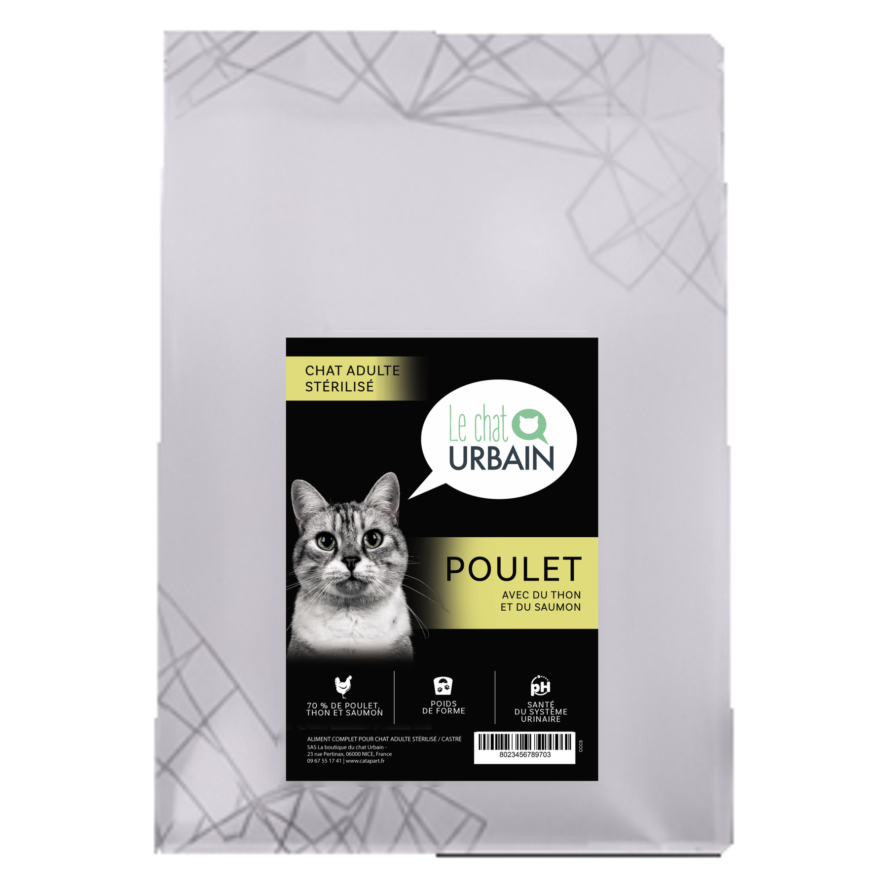 Croquettes sans céréales au poulet thon et saumon 70 % pour chat stérilisé - Le Chat Urbain — 300 g — sac avec étiquette avant
