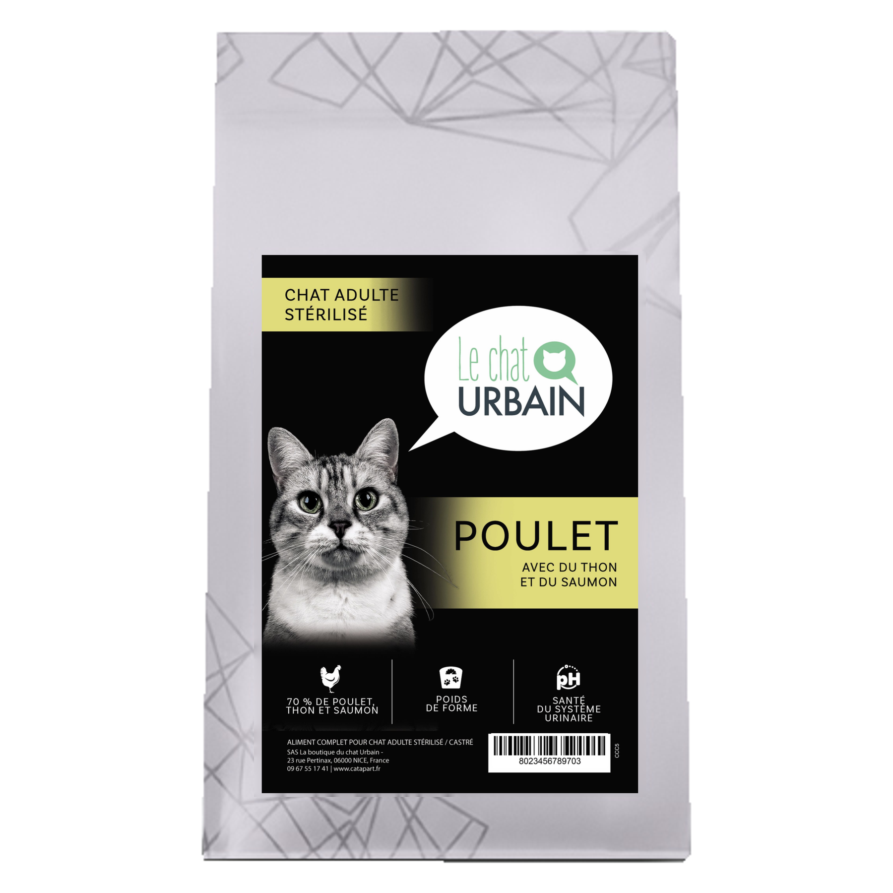 Croquettes sans céréales au poulet thon et saumon 70 % pour chat stérilisé - Le Chat Urbain — 300 g — sac avec étiquette avant