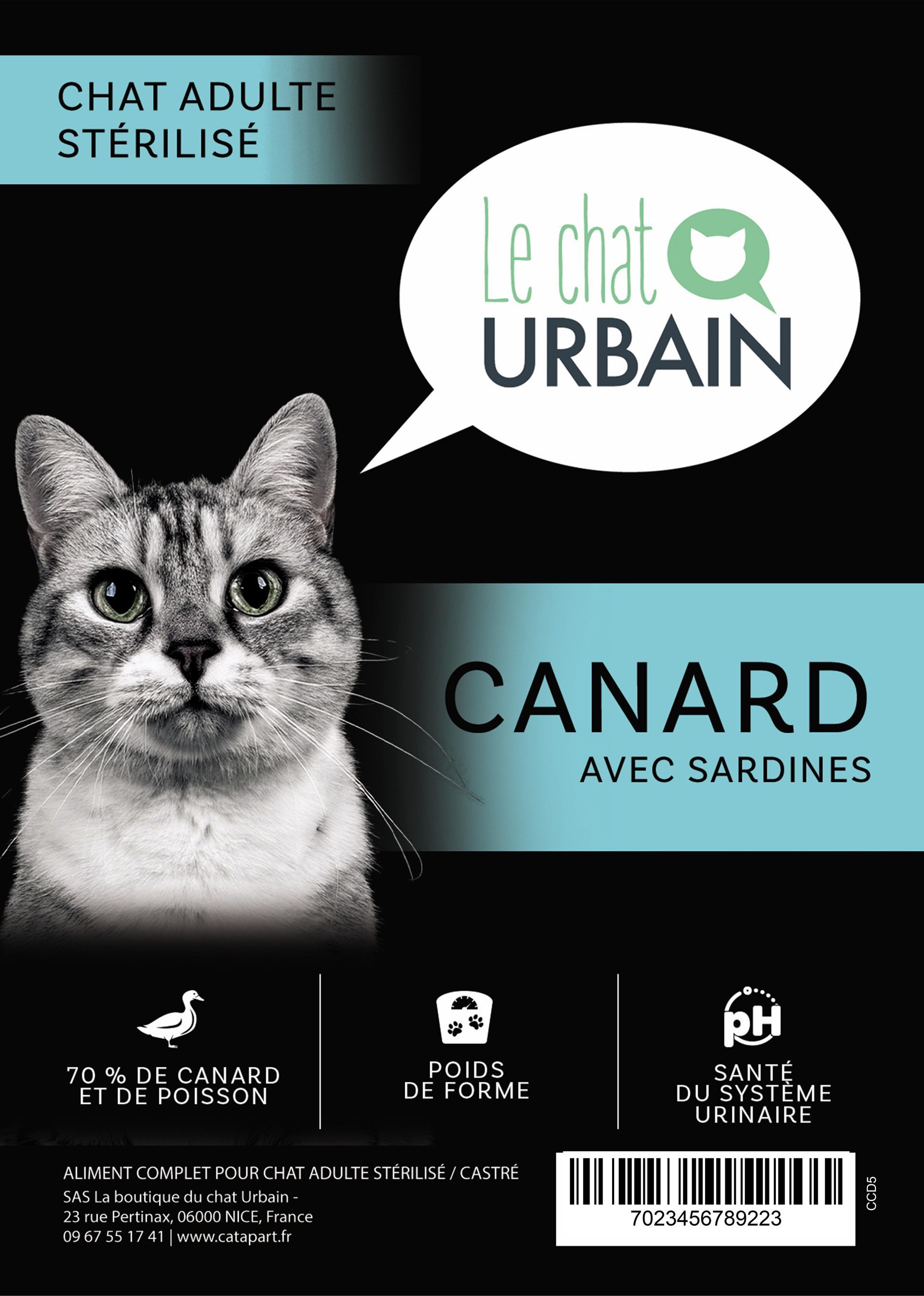 Croquettes sans céréales au canard et aux sardines 70 % pour chat stérilisé - Le Chat Urbain