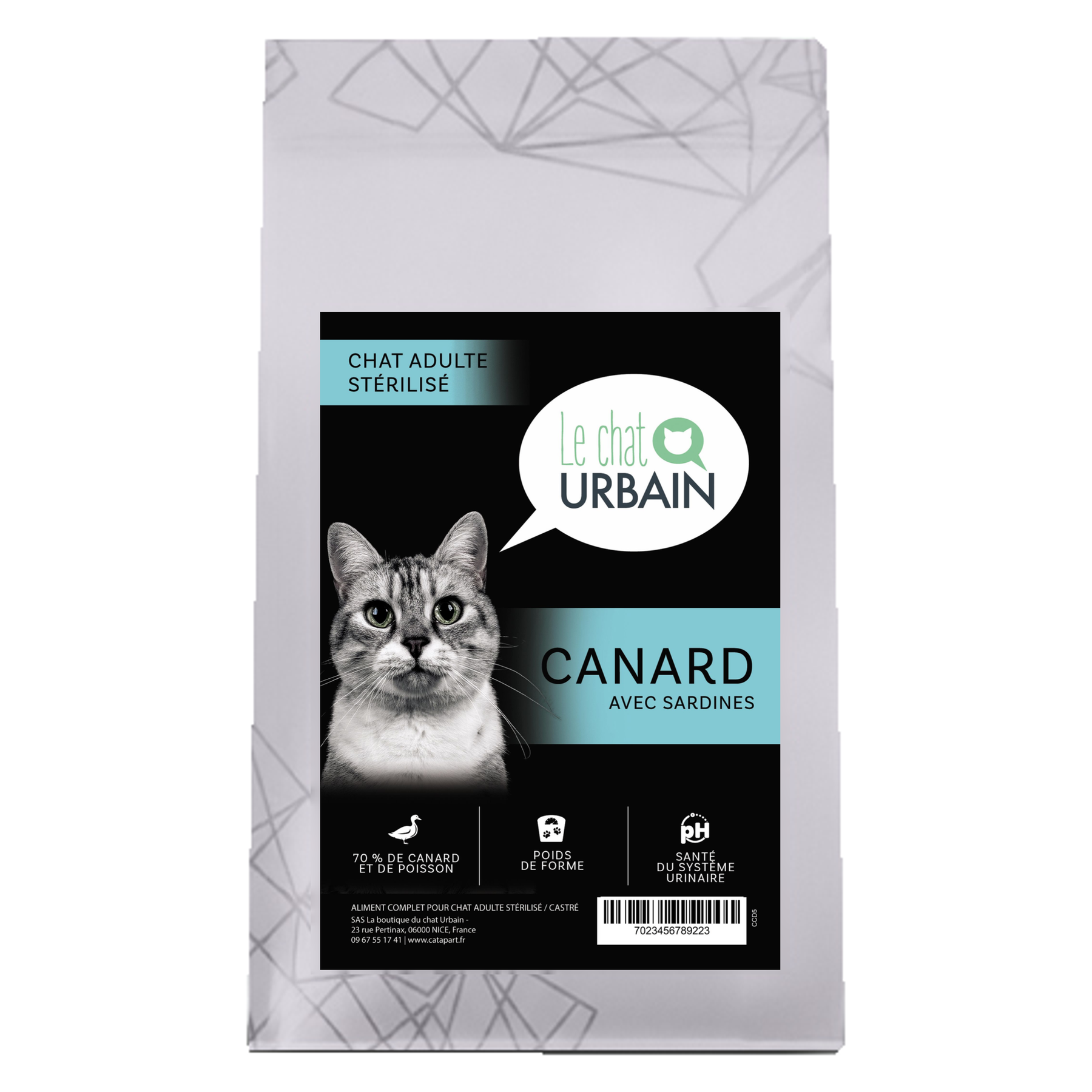 Croquettes sans céréales au canard et aux sardines 70 % pour chat stérilisé - Le Chat Urbain — 300 g — sac avec étiquette avant