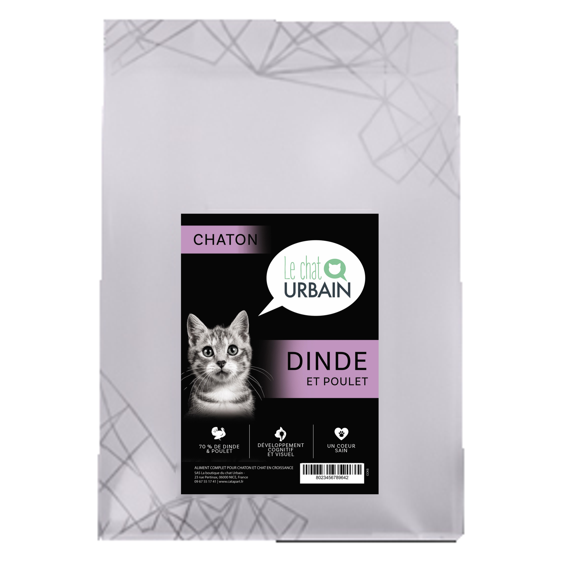 Croquettes sans céréales à la dinde et au poulet 70 % pour chaton - Le Chat Urbain — 300 g — sac avec étiquette avant