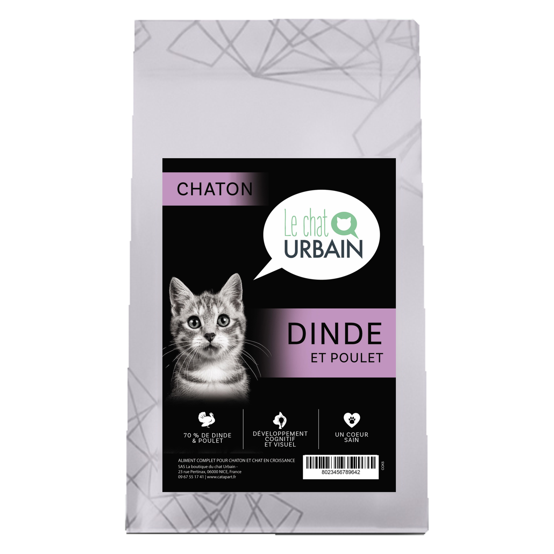 Croquettes sans céréales à la dinde et au poulet 70 % pour chaton - Le Chat Urbain — 300 g — sac avec étiquette avant
