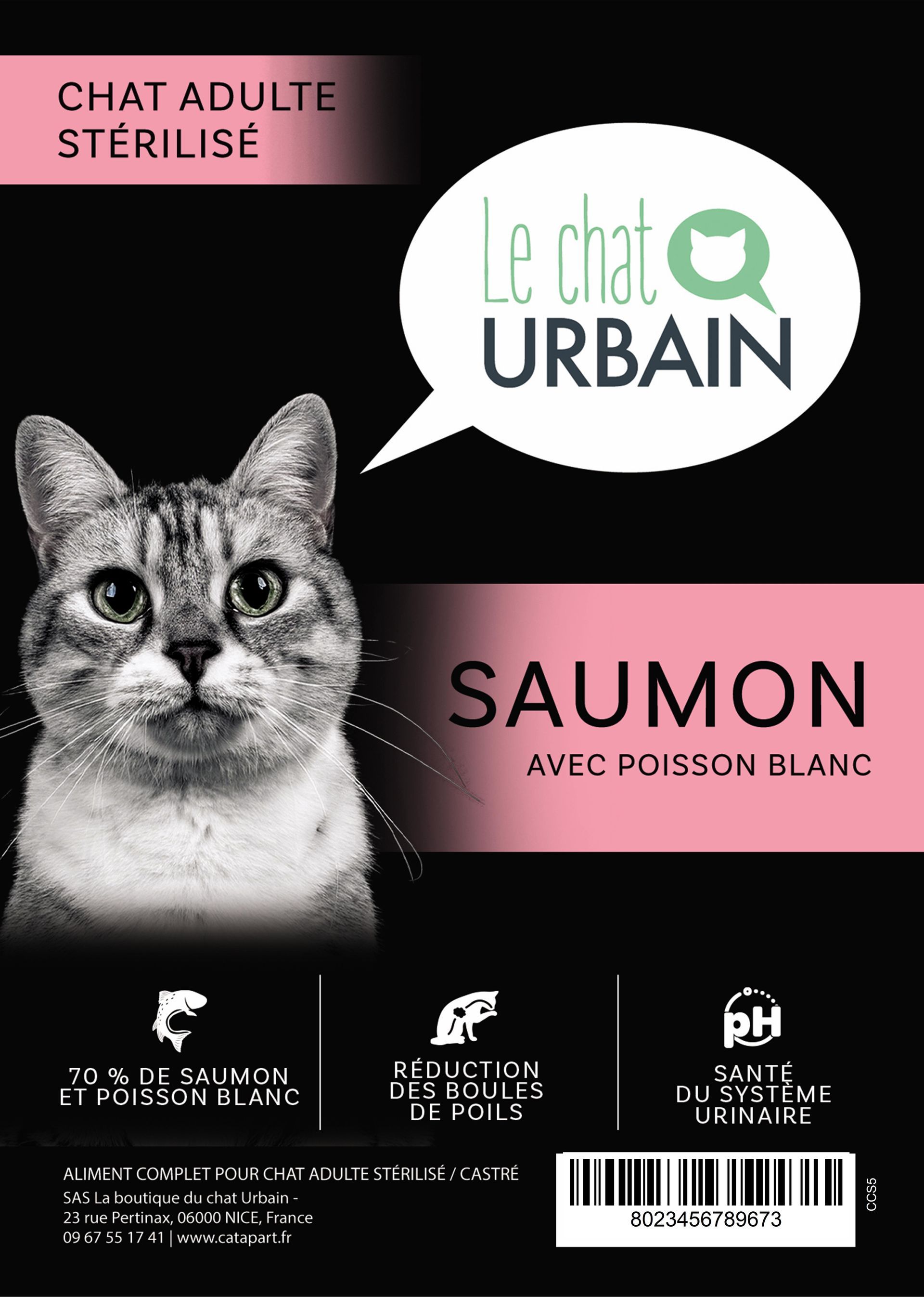 Croquettes sans céréales au saumon et poisson blanc 70 % pour chat stérilisé - Le Chat Urbain