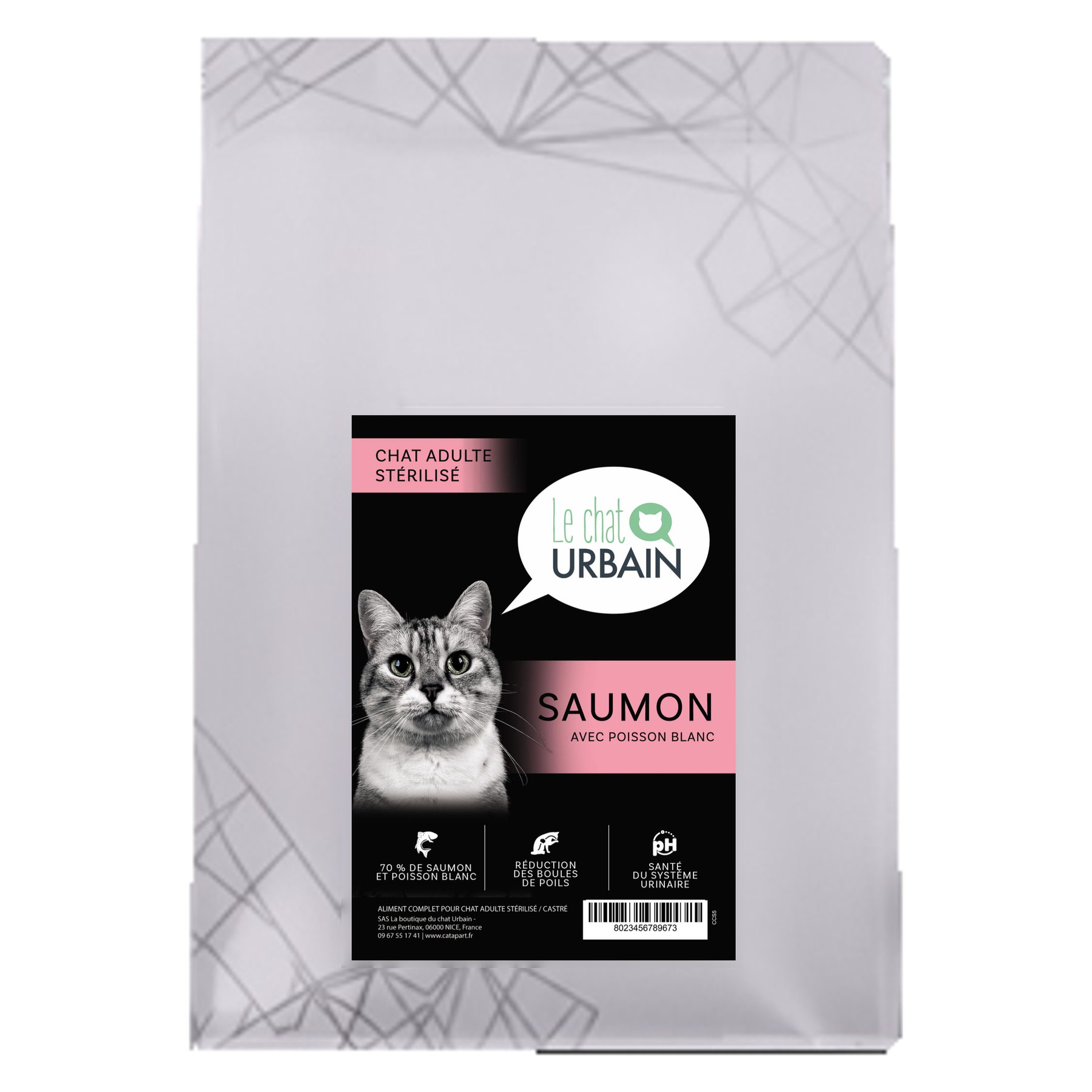 Croquettes sans céréales au saumon et poisson blanc 70 % pour chat stérilisé - Le Chat Urbain — 300 g — sac avec étiquette avant