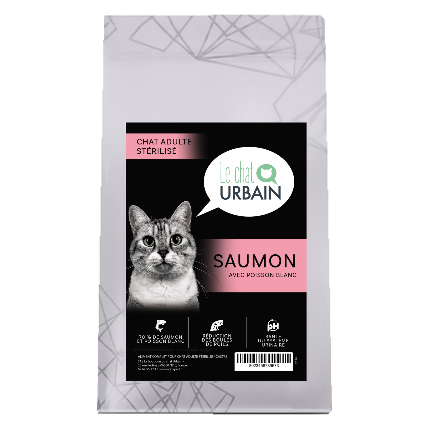 Croquettes sans céréales au saumon et poisson blanc 70 % pour chat stérilisé - Le Chat Urbain — 300 g — sac avec étiquette avant
