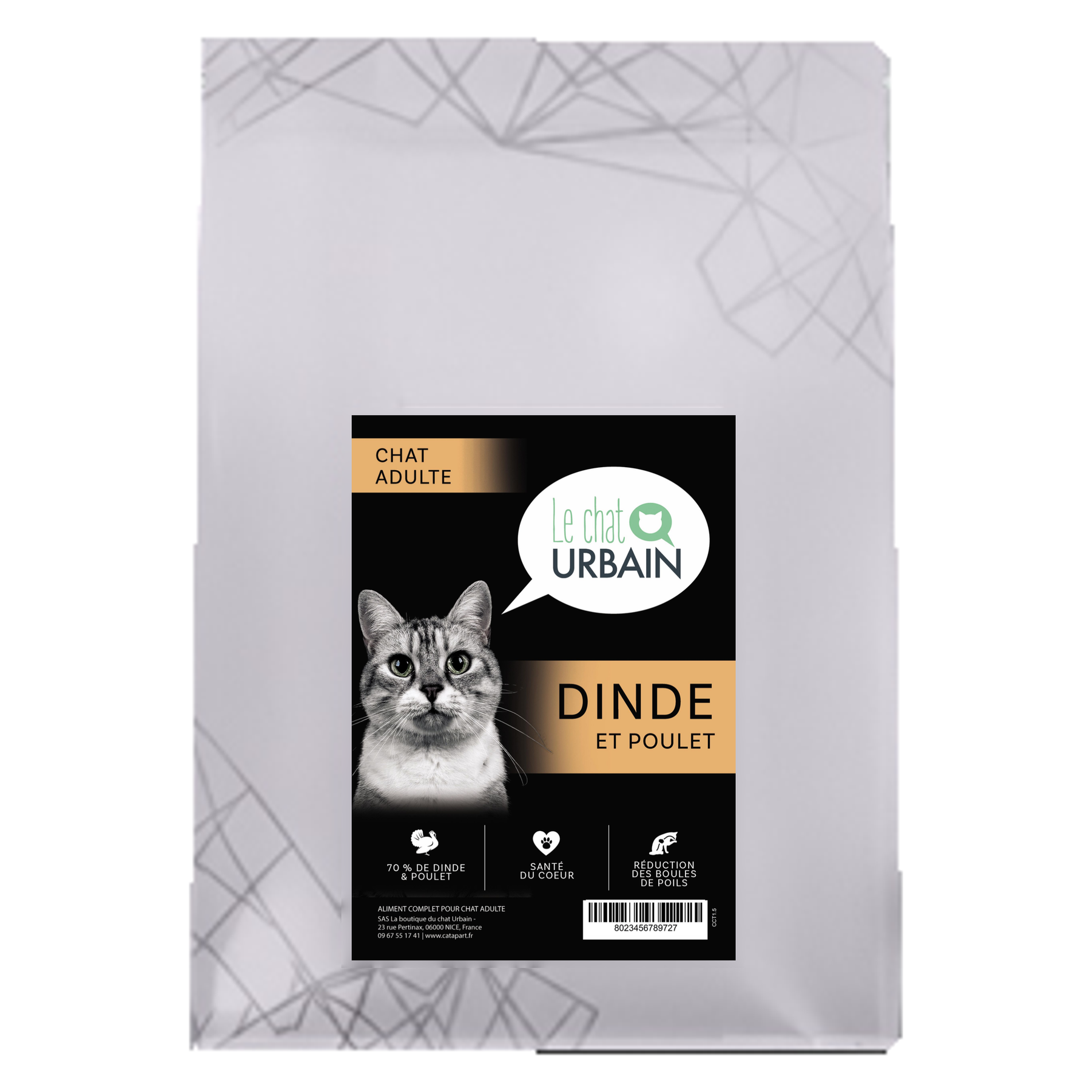 Croquettes sans céréales à la dinde et au poulet 70 % pour chat adulte - Le Chat Urbain — 300 g — sac avec étiquette avant