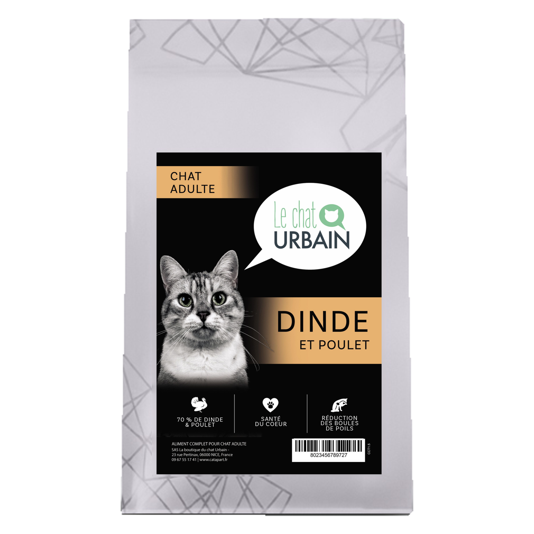Croquettes sans céréales à la dinde et au poulet 70 % pour chat adulte - Le Chat Urbain — 300 g — sac avec étiquette avant