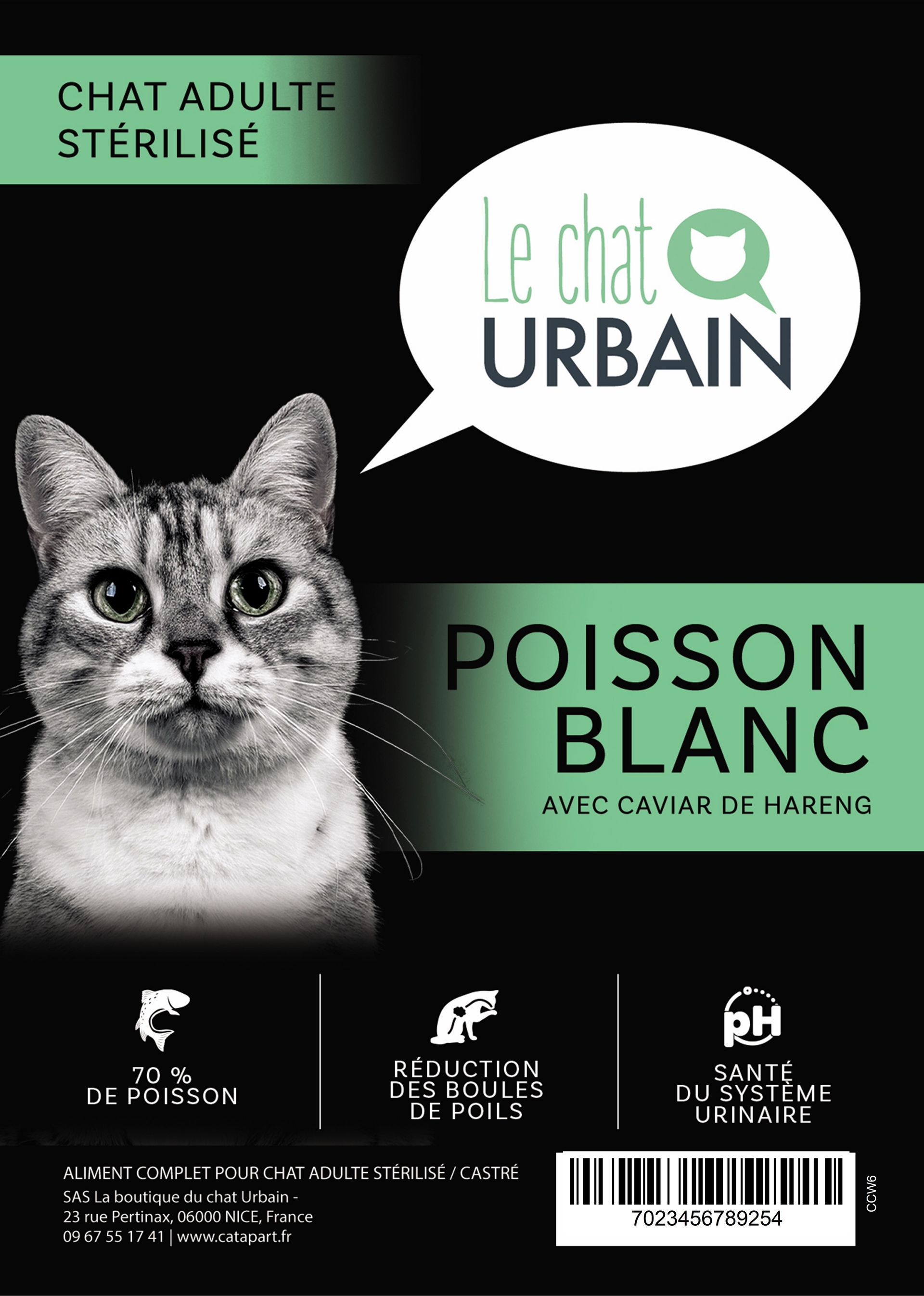 Croquettes sans céréales au poisson blanc et caviar de hareng 70 % pour chat stérilisé - Le Chat Urbain