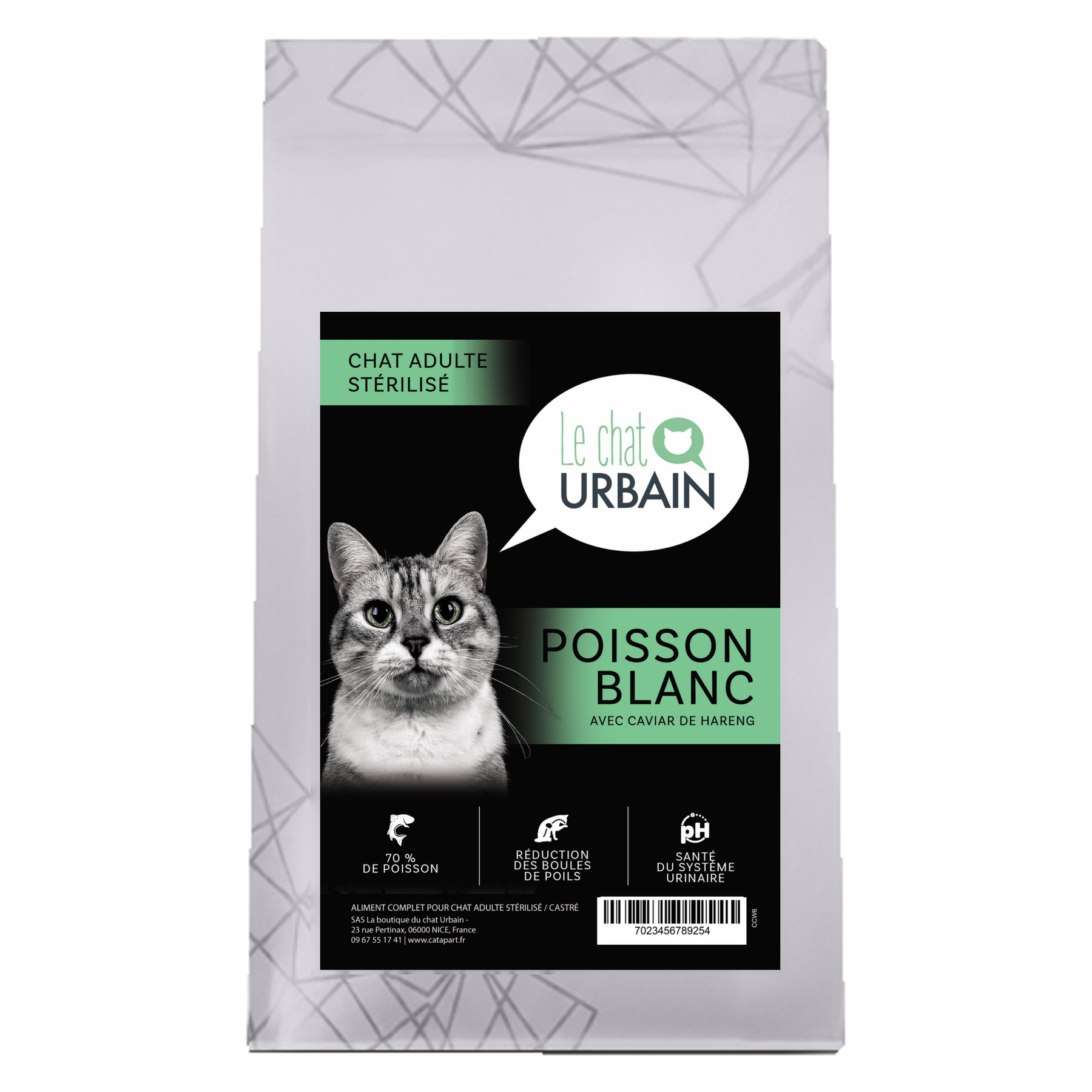 Croquettes sans céréales au poisson blanc et caviar de hareng 70 % pour chat stérilisé - Le Chat Urbain — 300 g — sac avec étiquette avant