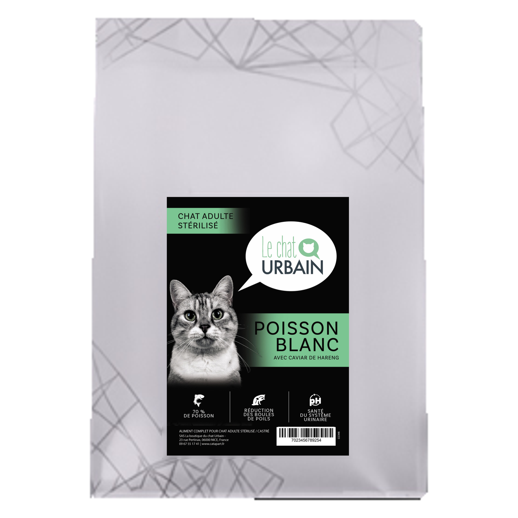Croquettes sans céréales au poisson blanc et caviar de hareng 70 % pour chat stérilisé - Le Chat Urbain — 300 g — sac avec étiquette avant