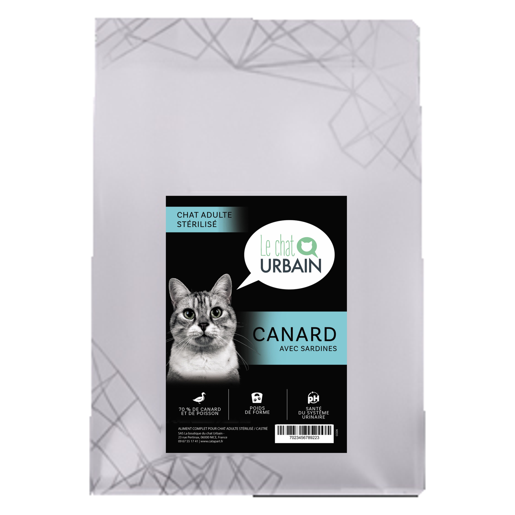 Croquettes sans céréales au canard et aux sardines 70 % pour chat stérilisé - Le Chat Urbain — 300 g — sac avec étiquette avant