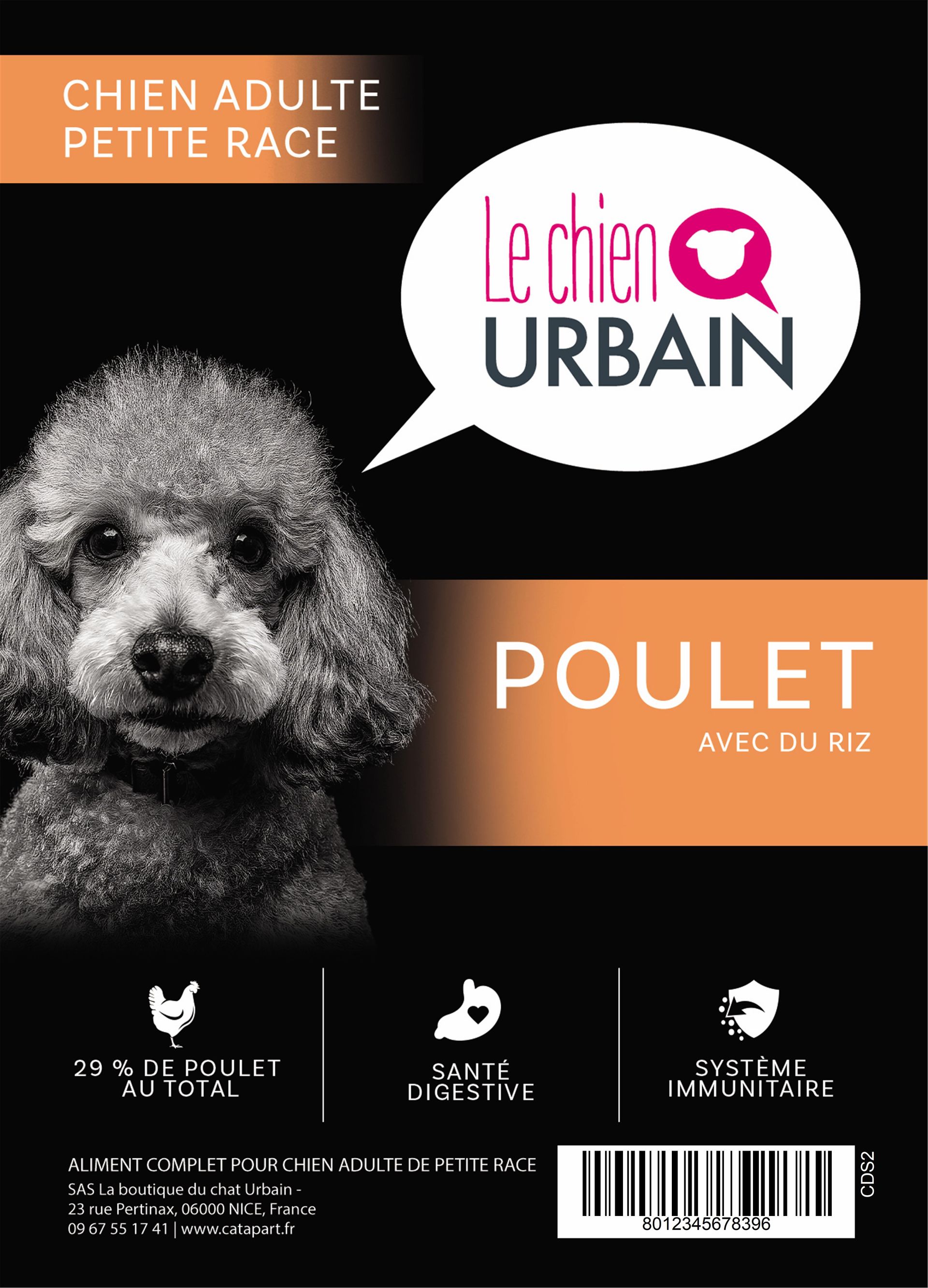 Croquettes pour chien adulte petite race – Poulet et riz 2 kg – Le Chien Urbain — étiquette recto