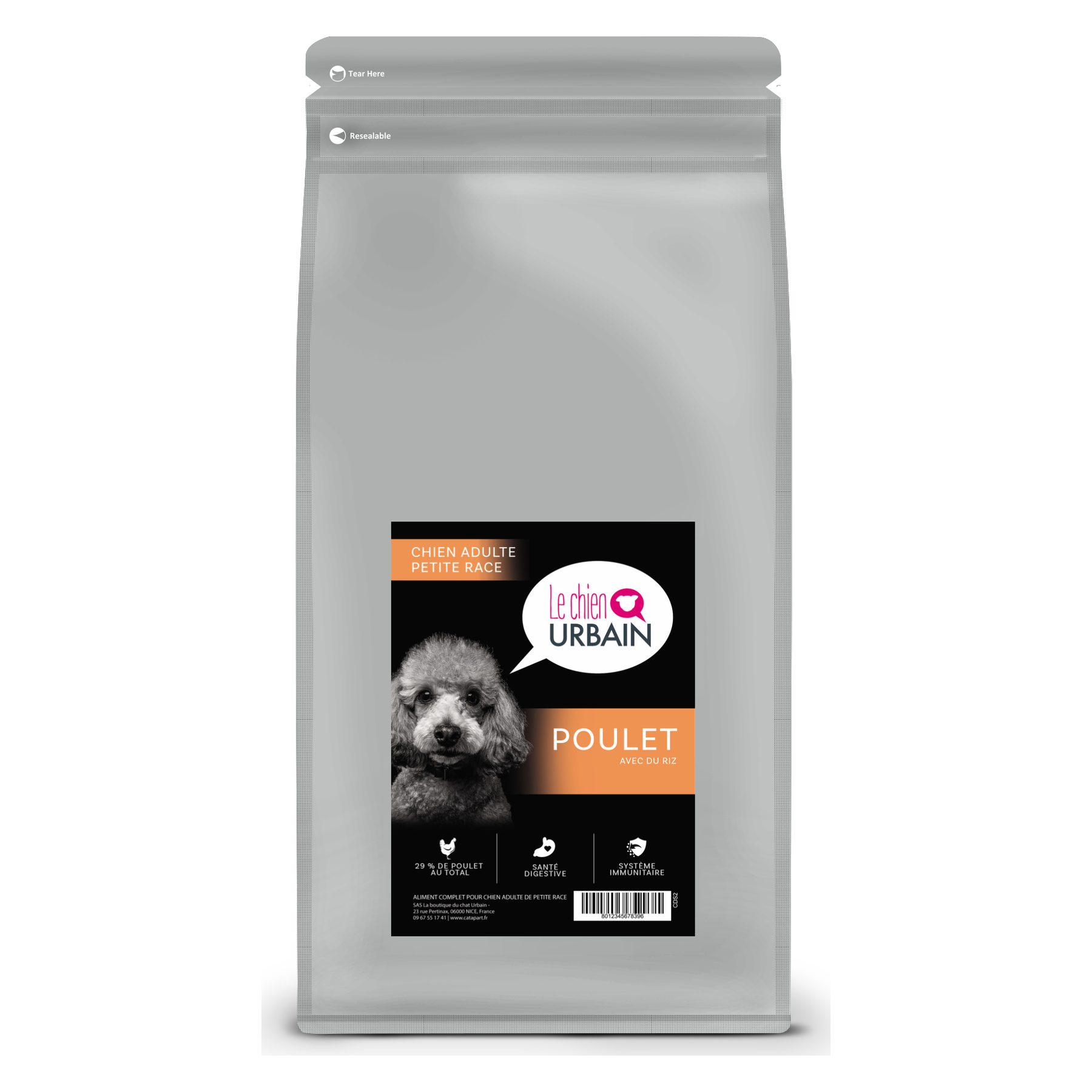 Croquettes pour chien adulte petite race – Poulet et riz 2 kg – Le Chien Urbain — 2 kg — sac avec étiquette avant