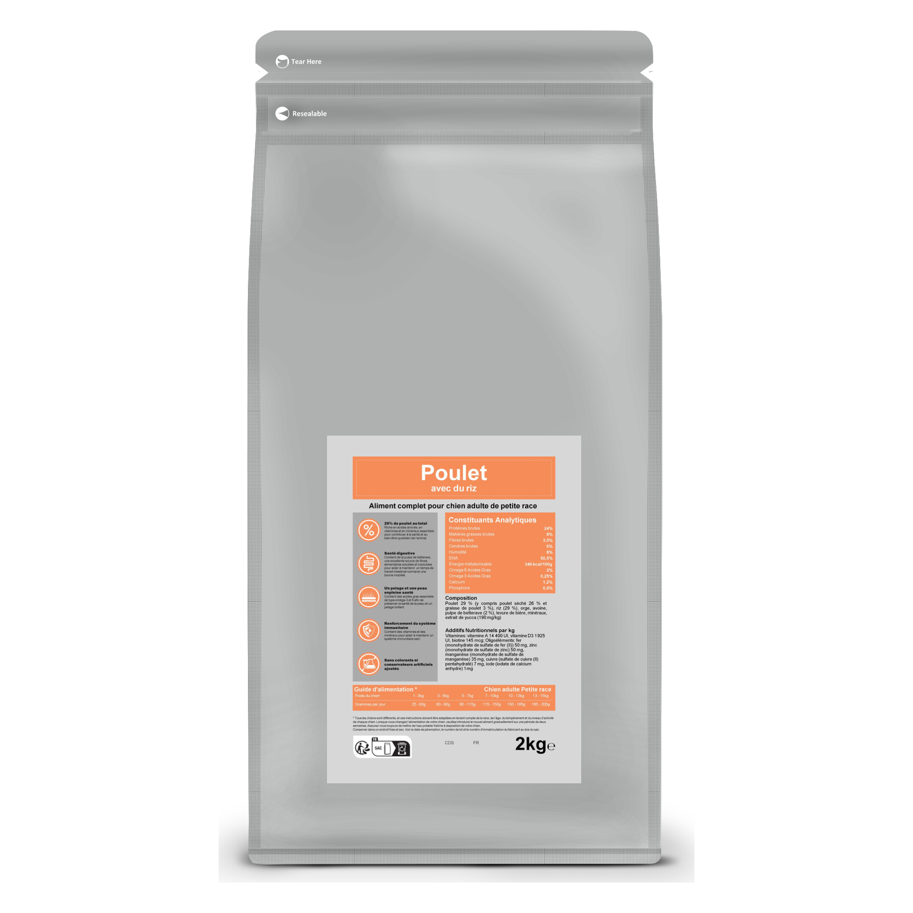 Croquettes pour chien adulte petite race – Poulet et riz 2 kg – Le Chien Urbain — 2 kg — sac avec étiquette avant