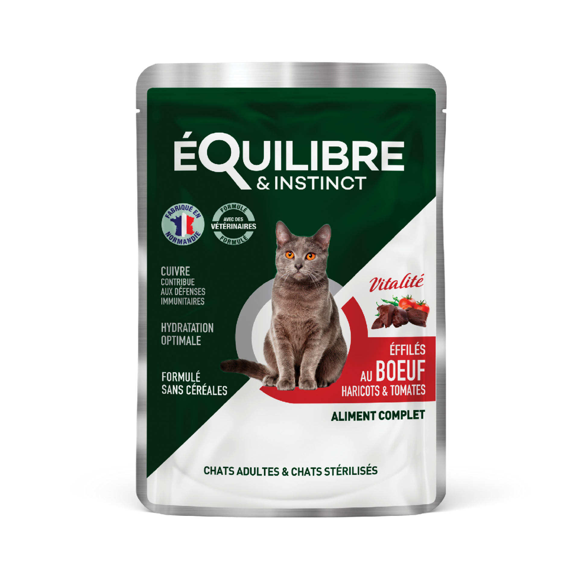 Effilés au bœuf, haricots & tomates pour chat stérilisé et chat adulte 85 g – Équilibre & Instinct
